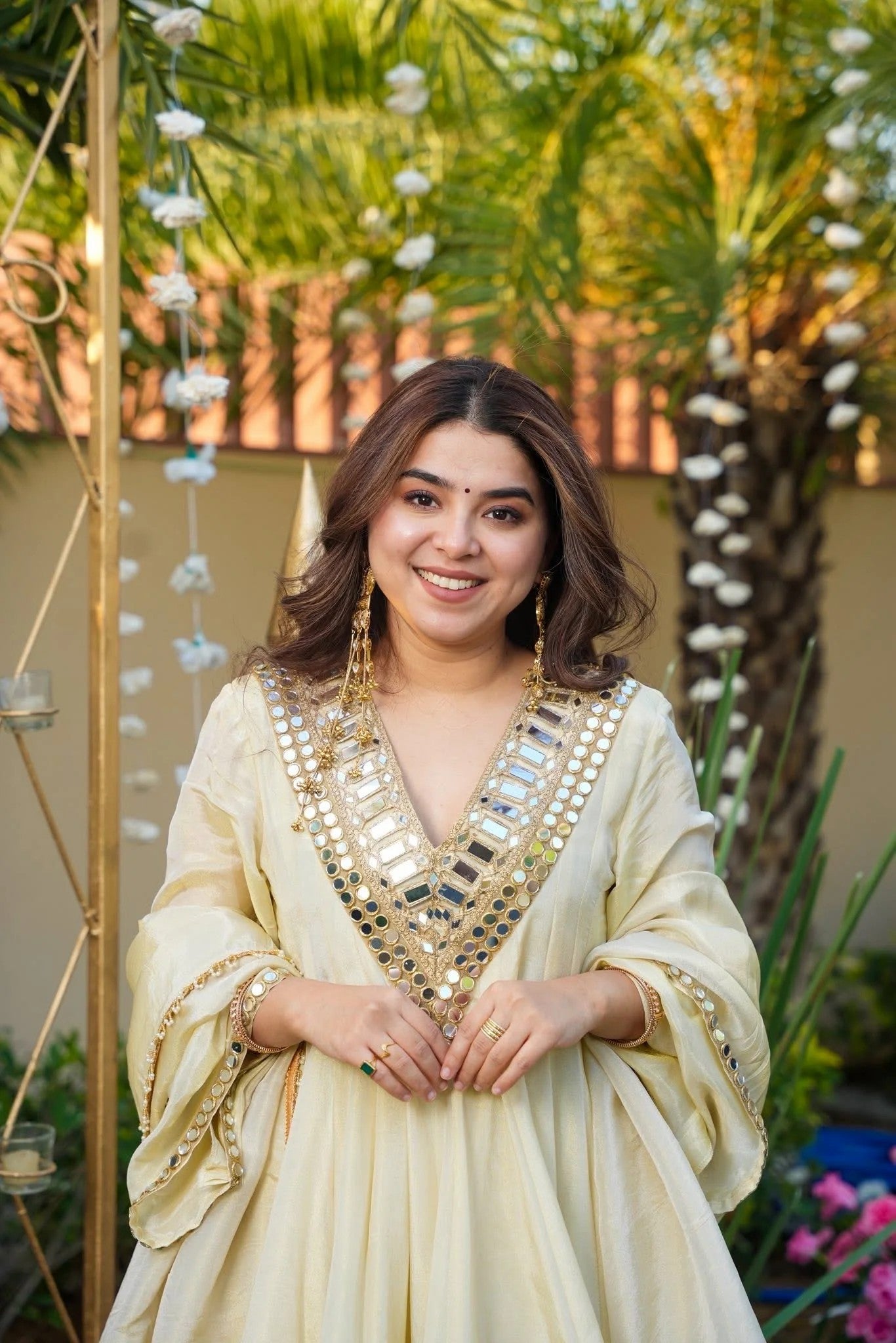 Ivory Mirror Work Star Georgette Sharara Suit Set