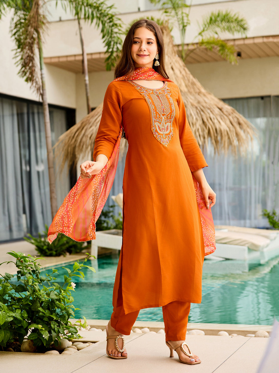 Sunset Aura Orange Viscose Silk Suit Sets