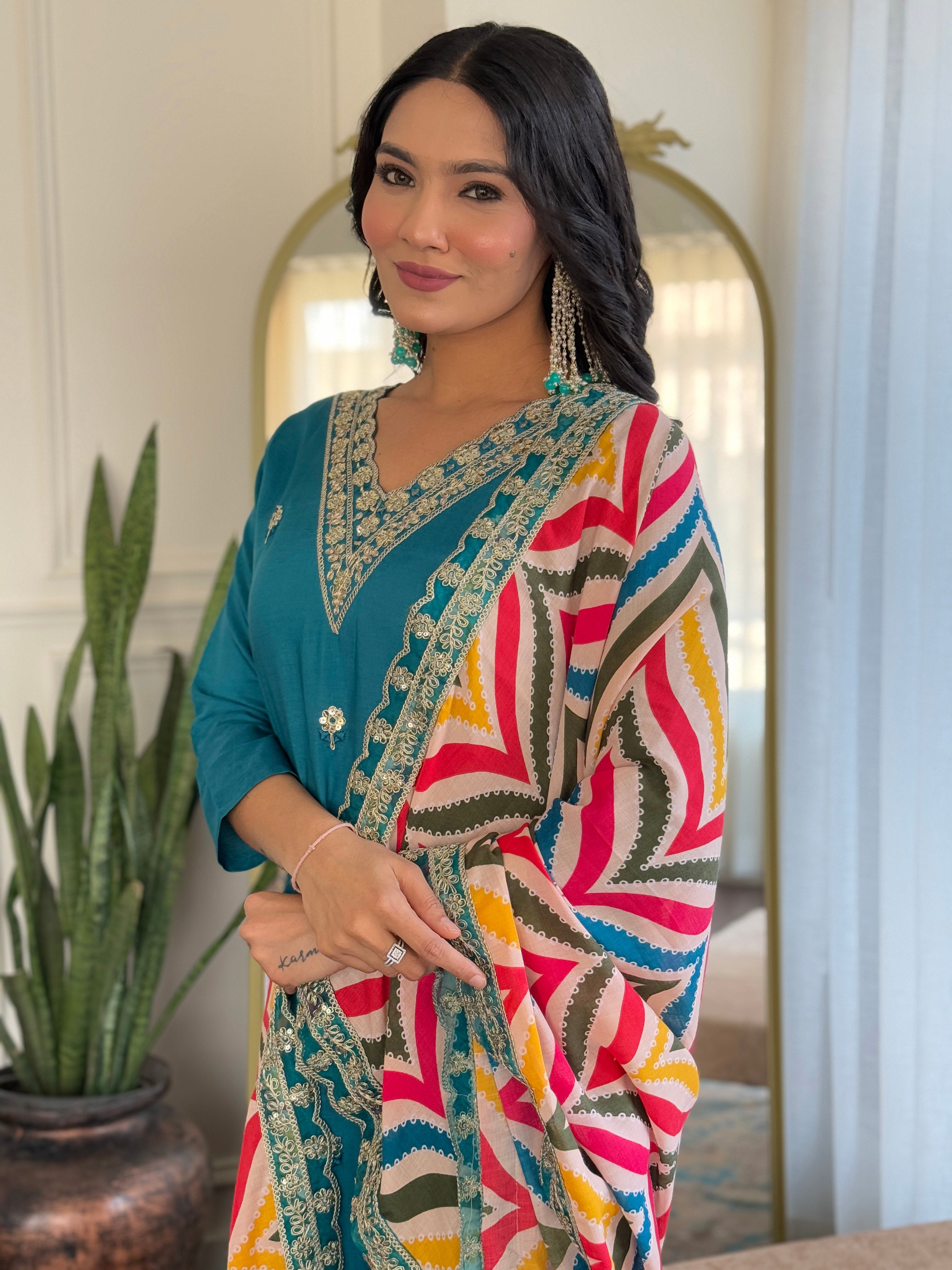 Teal Blue Embroidered Kurta Pant
