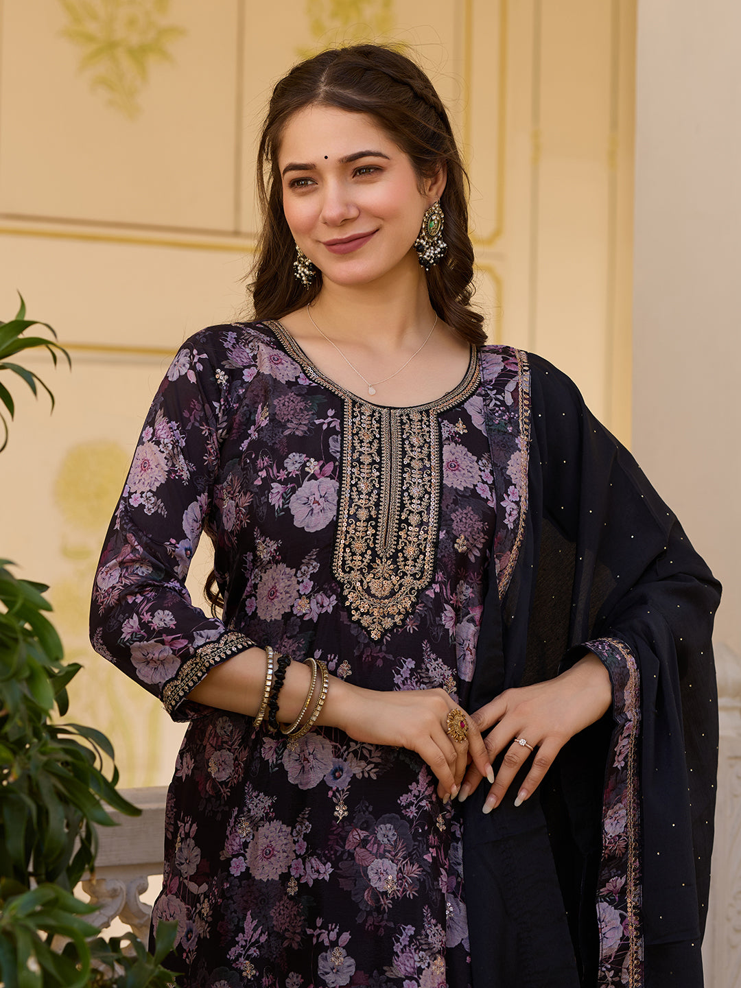 Black Floral Printed Kurta Pant Set