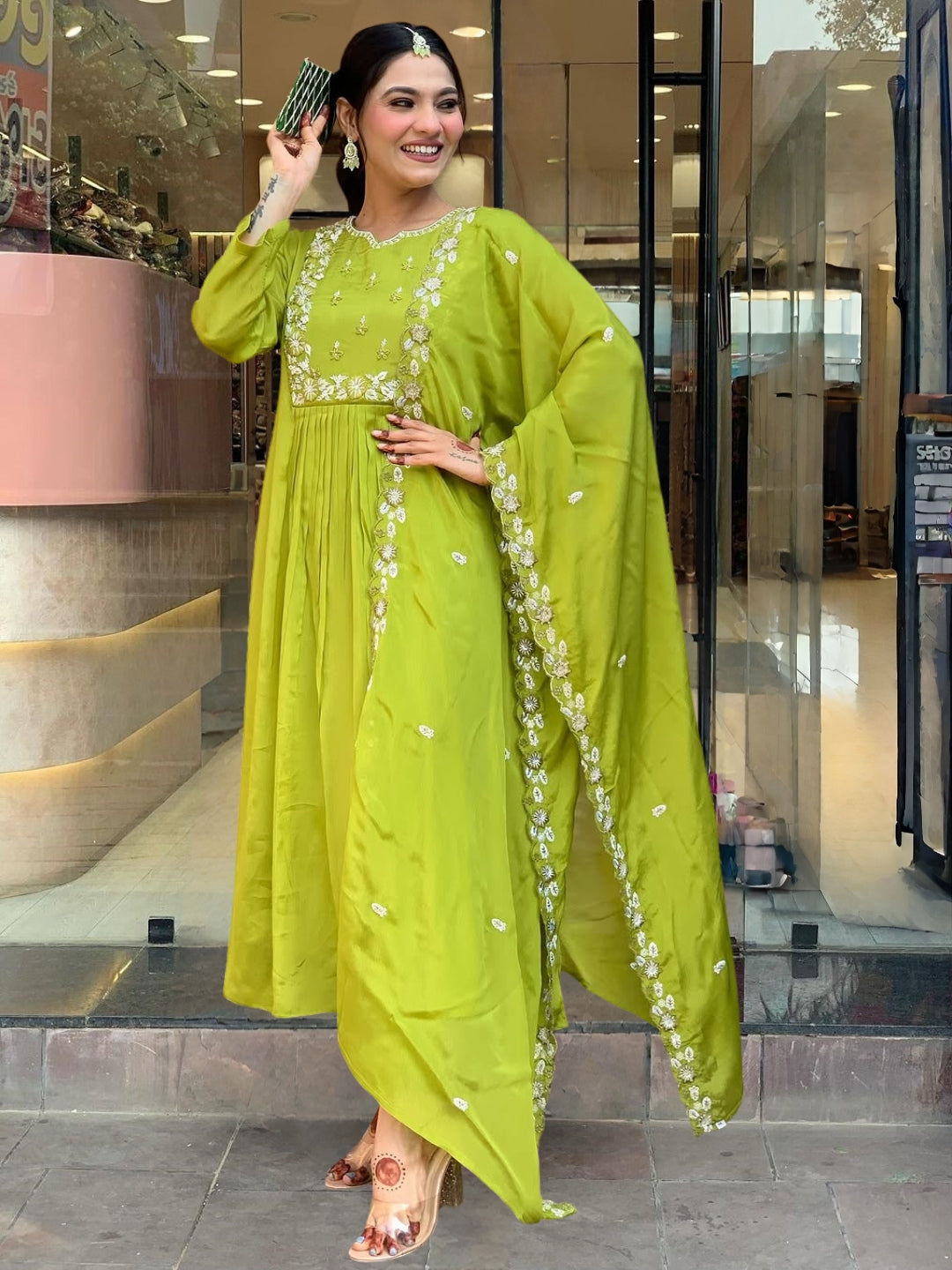 Pista Green Embroidered Anarkali Kurta Pant Set