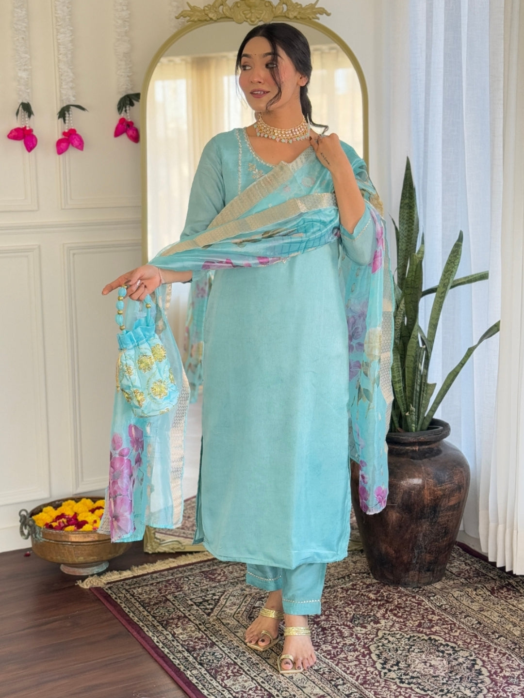 Aqua Bloom Floral Kurta Pant Dupatta Set