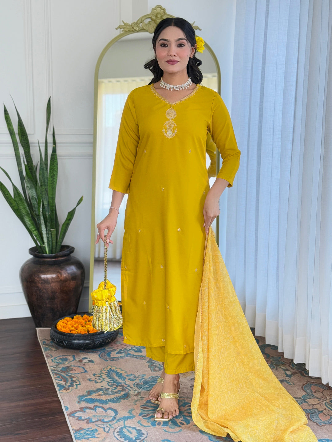 Mustard Yellow Embroidered Kurta Pant Set