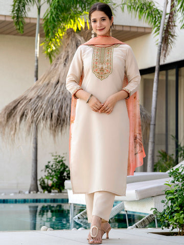 Cream Silk Embroidered Kurta Pant Set