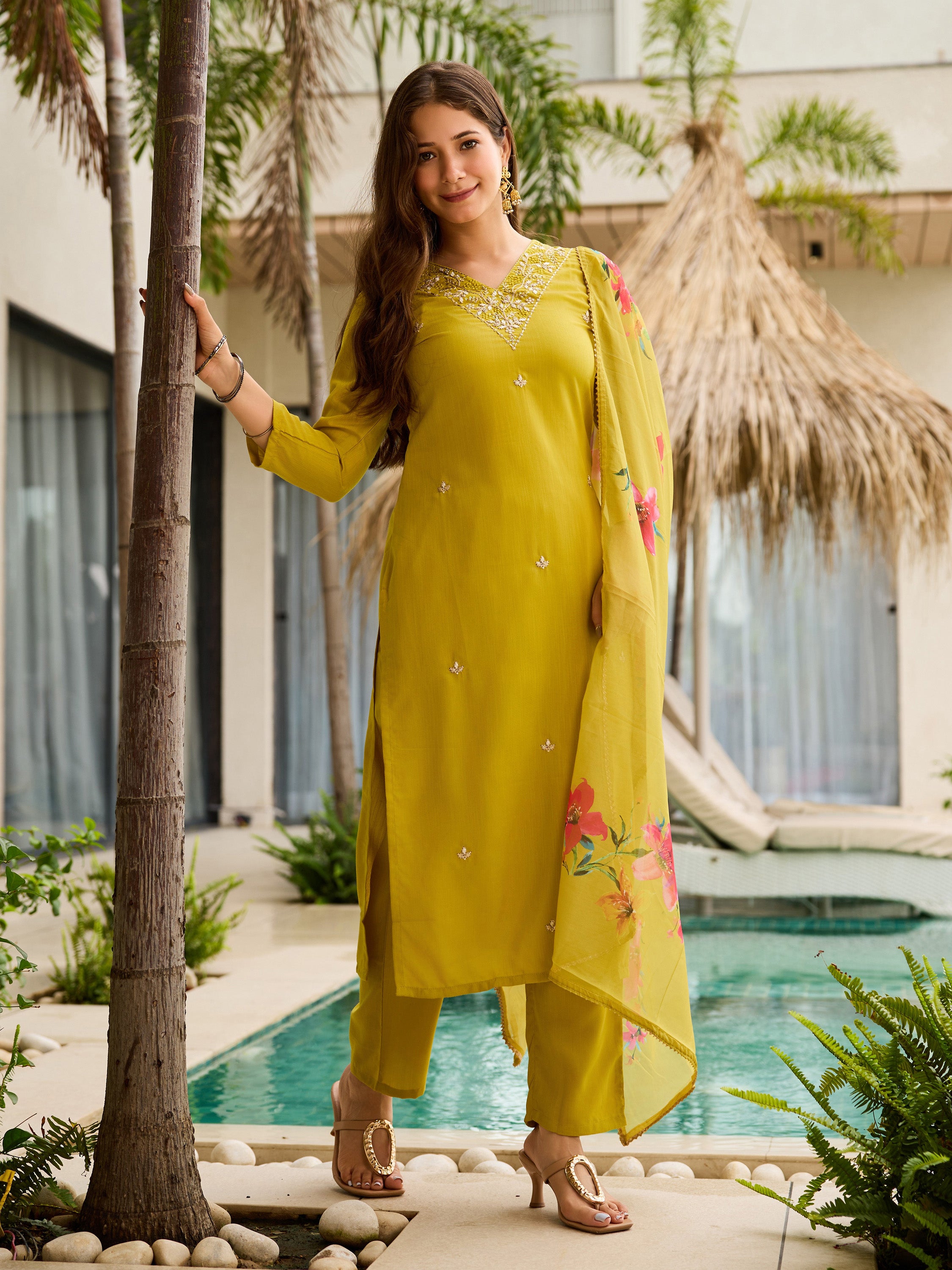 Olive Lime Green Embroidered Kurta Pant Set
