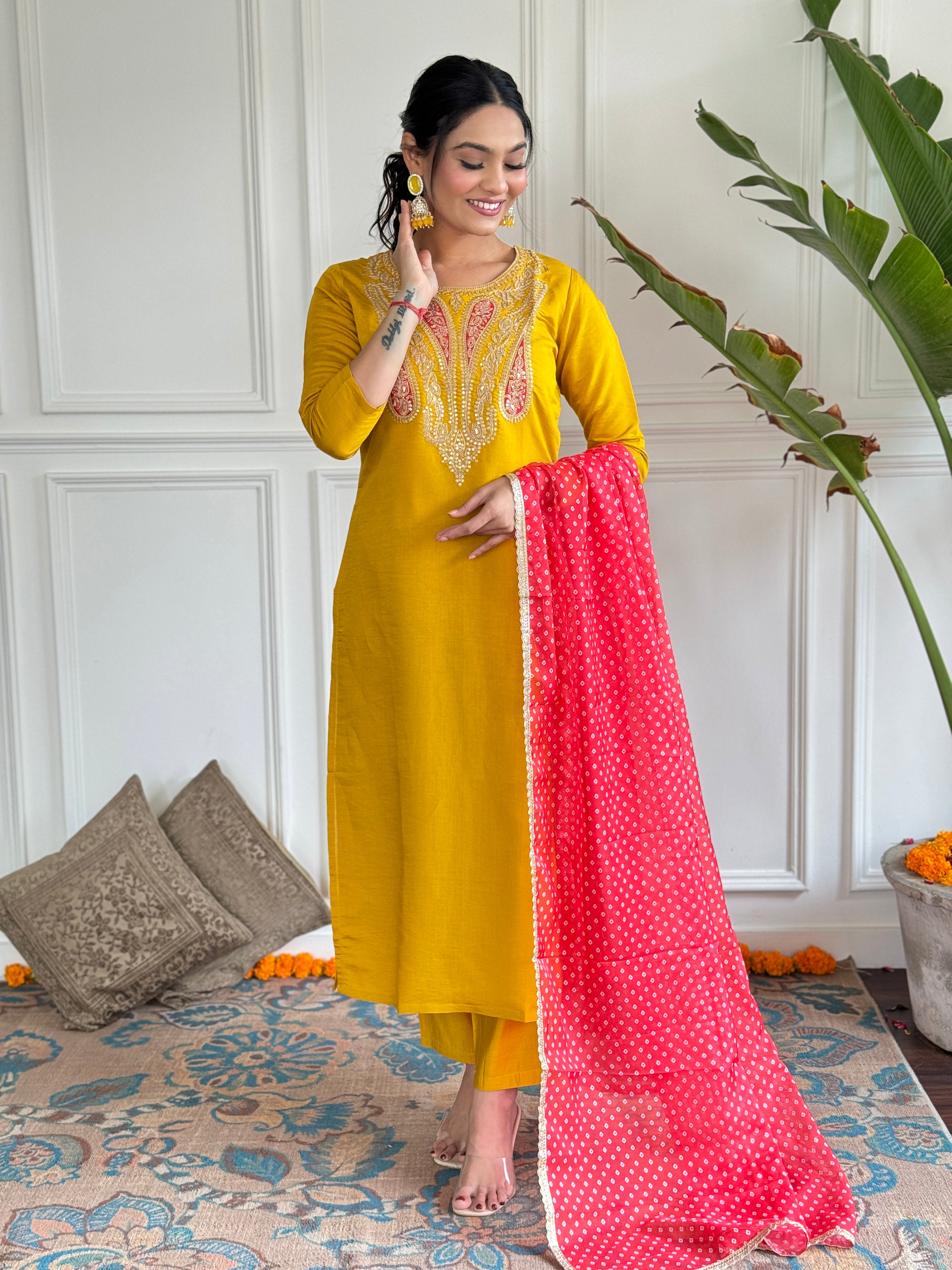 Mustard Yellow Embroidered Kurta Set