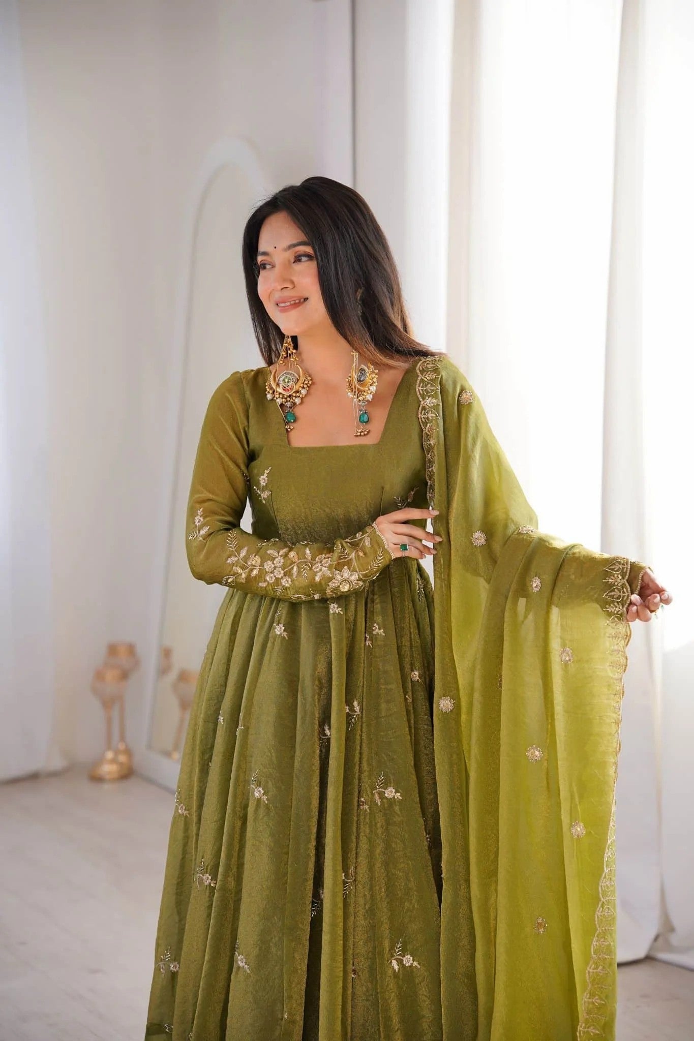 Olive Green Crunchy Silk Anarkali Suit Set