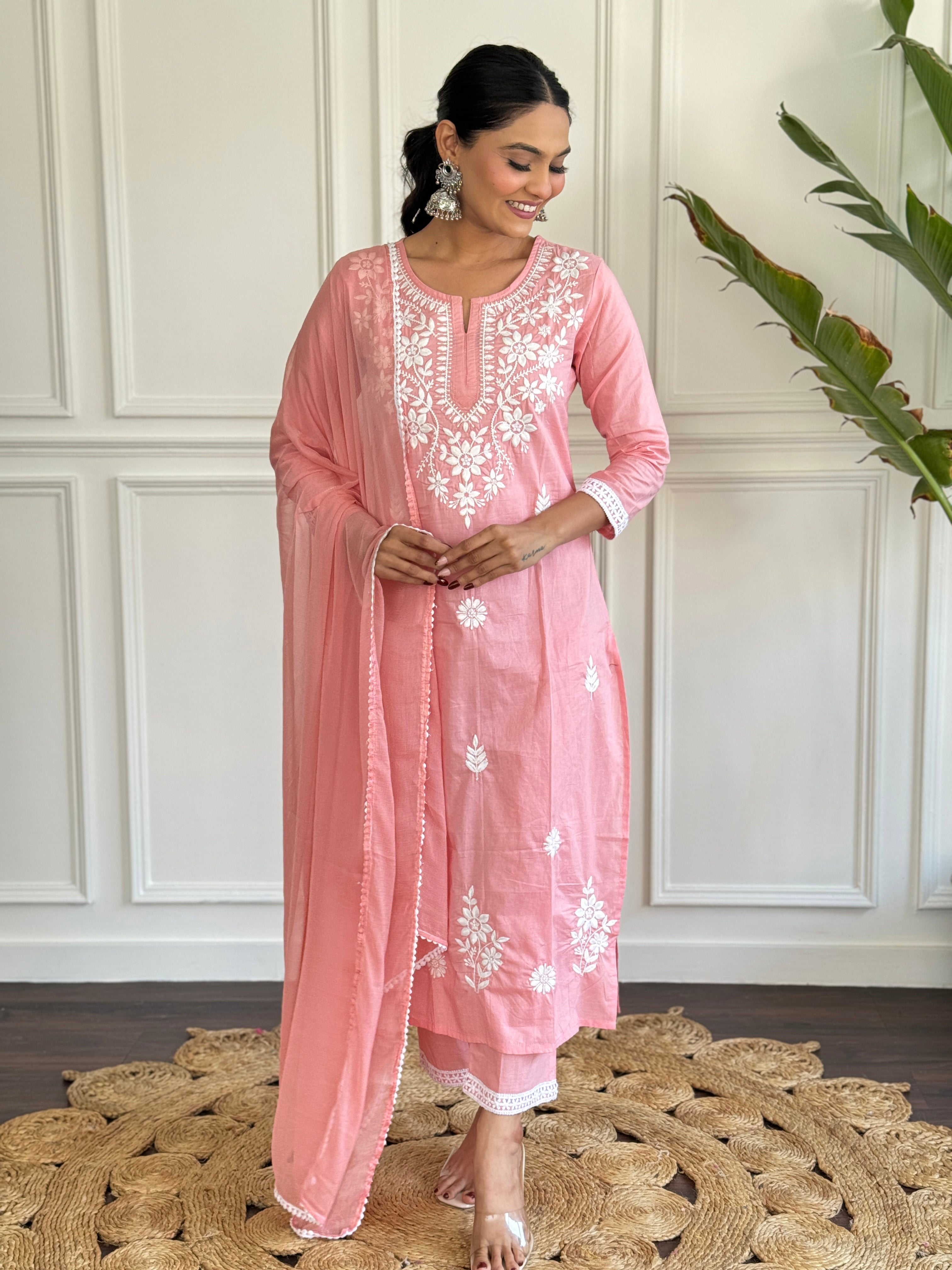 Pink Floral Embroidered Kurta Pant