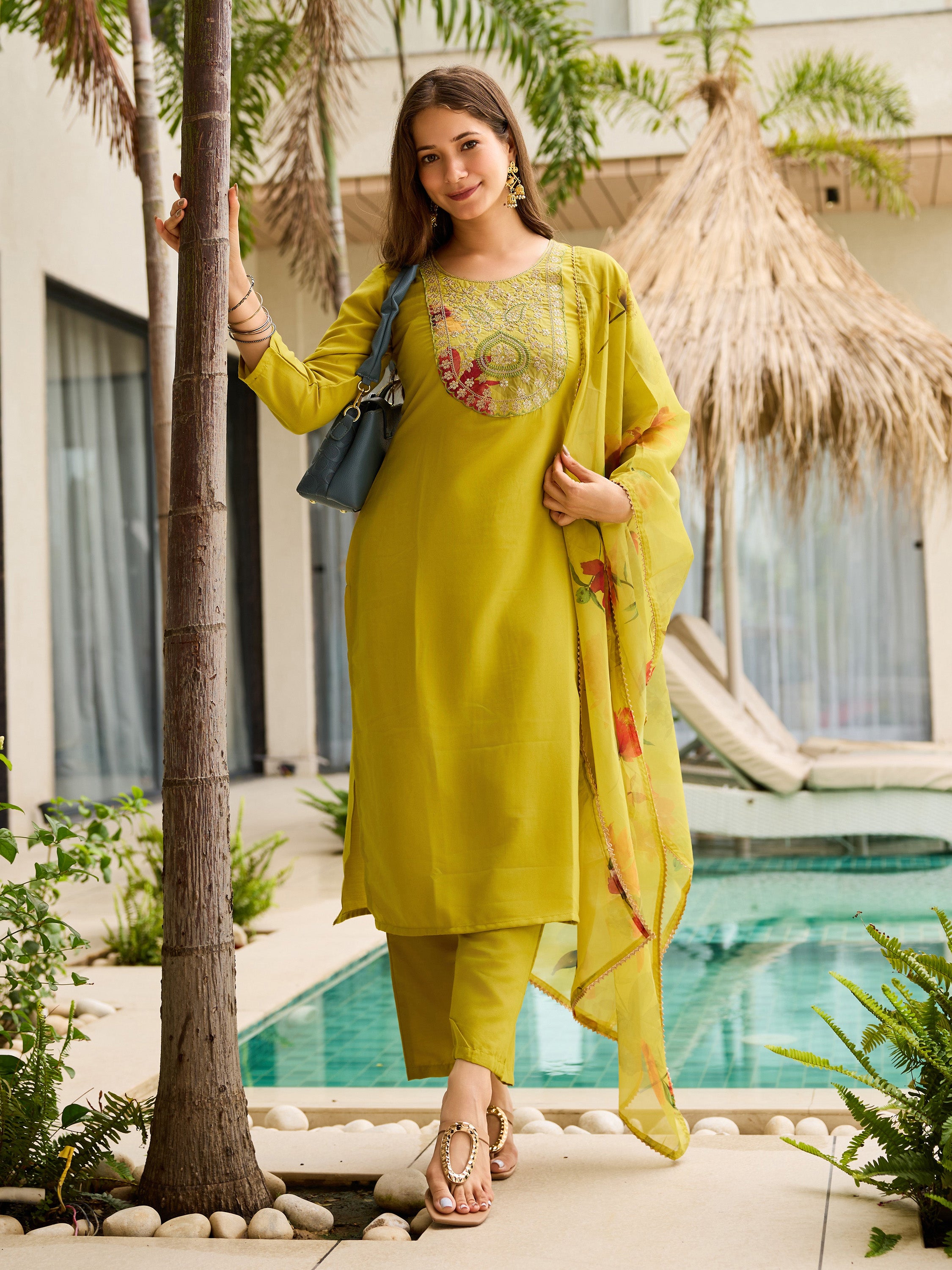 Sunshine Grace Yellow Viscose Silk Kurta Set