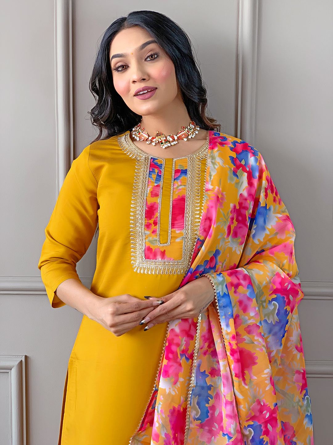Mustard Yellow Floral Dupatta Kurta Pant Set