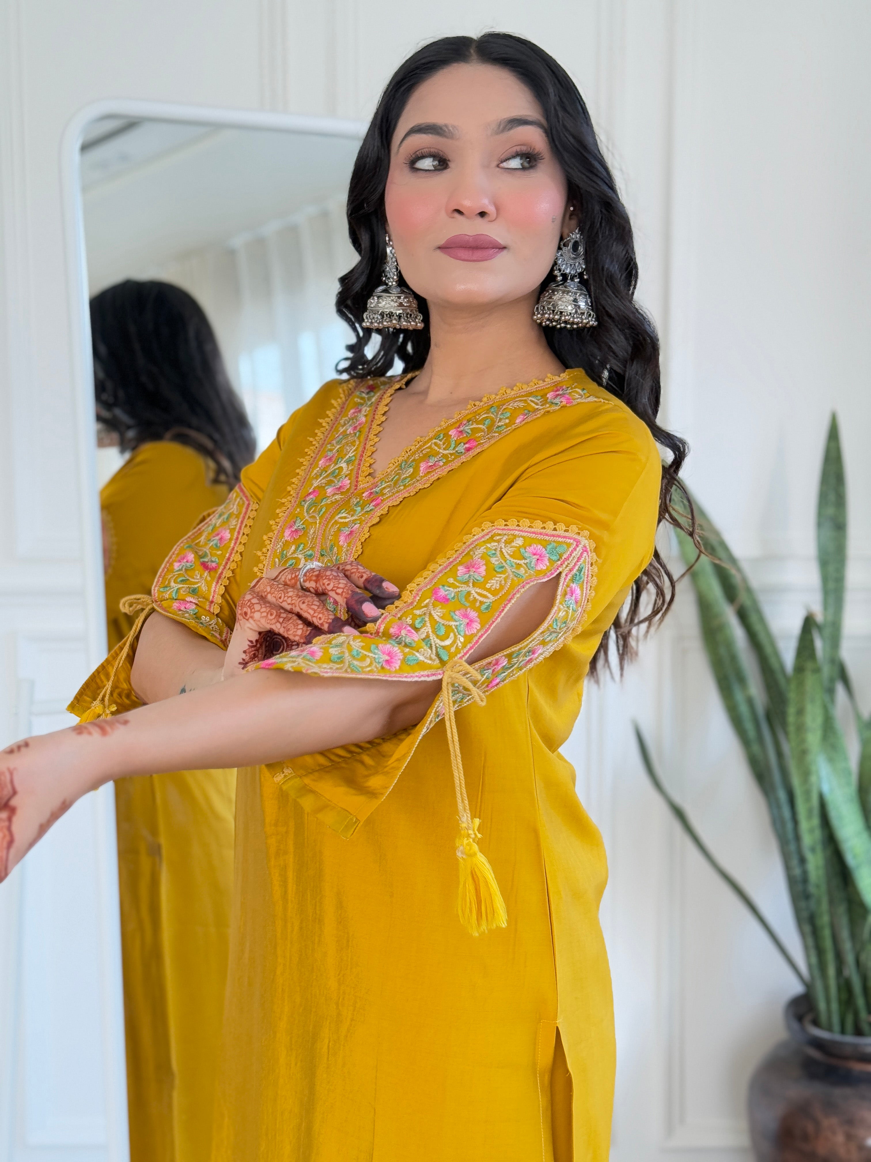 Yellow Heritage Embroidered Kurta Pant Set