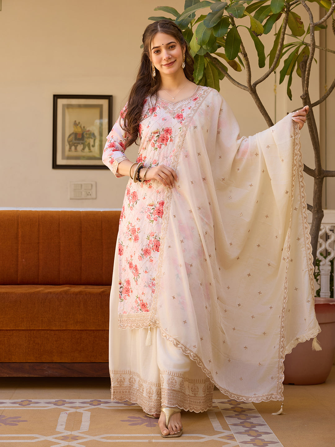 Off-White Floral Print Kurta Sharara Set