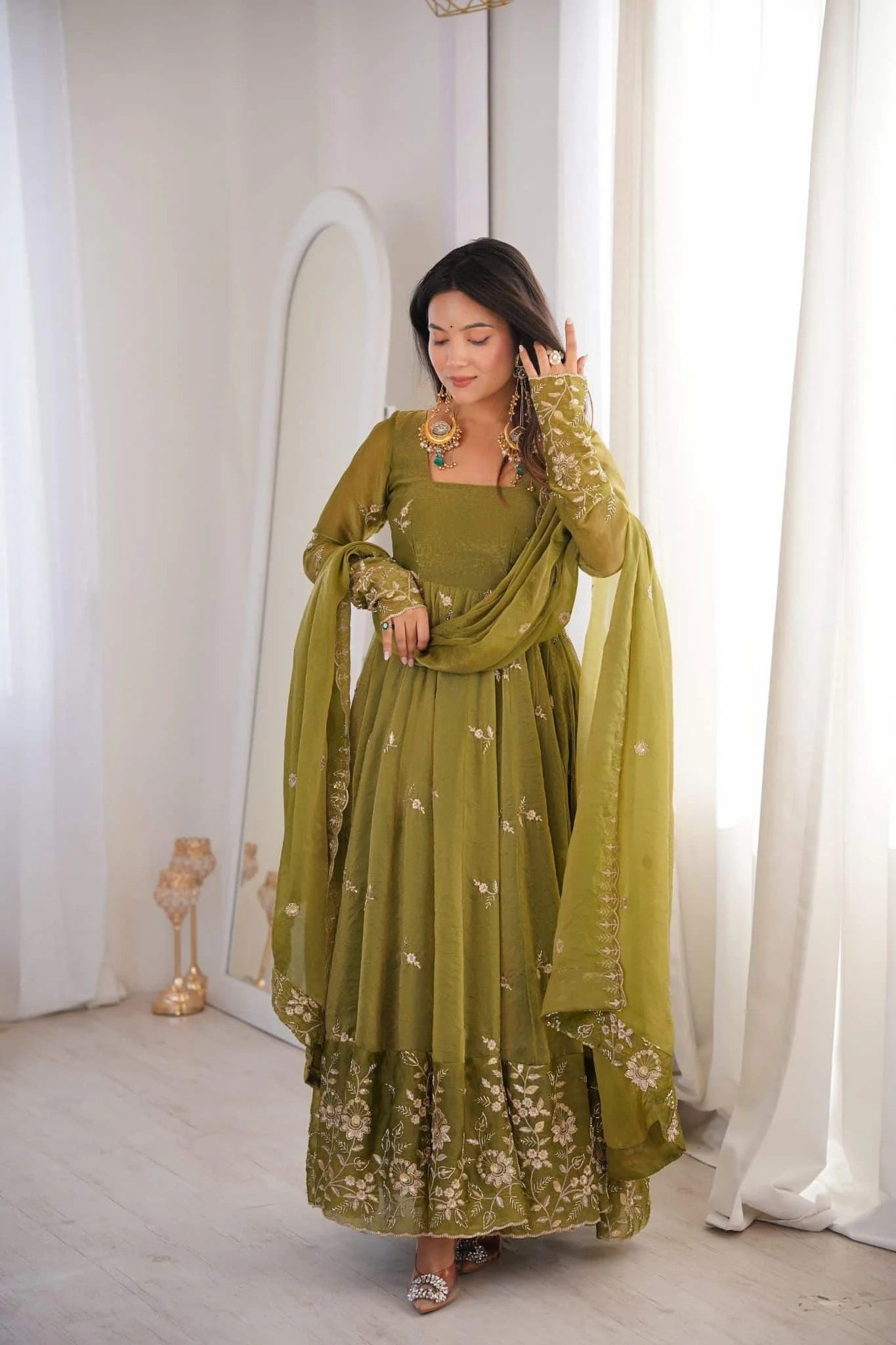 Olive Green Crunchy Silk Anarkali Suit Set