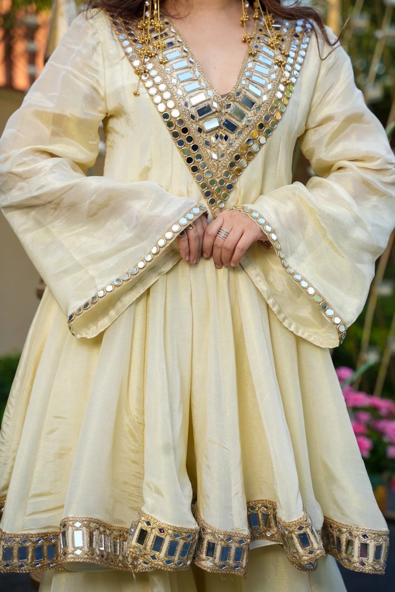 Ivory Mirror Work Star Georgette Sharara Suit Set