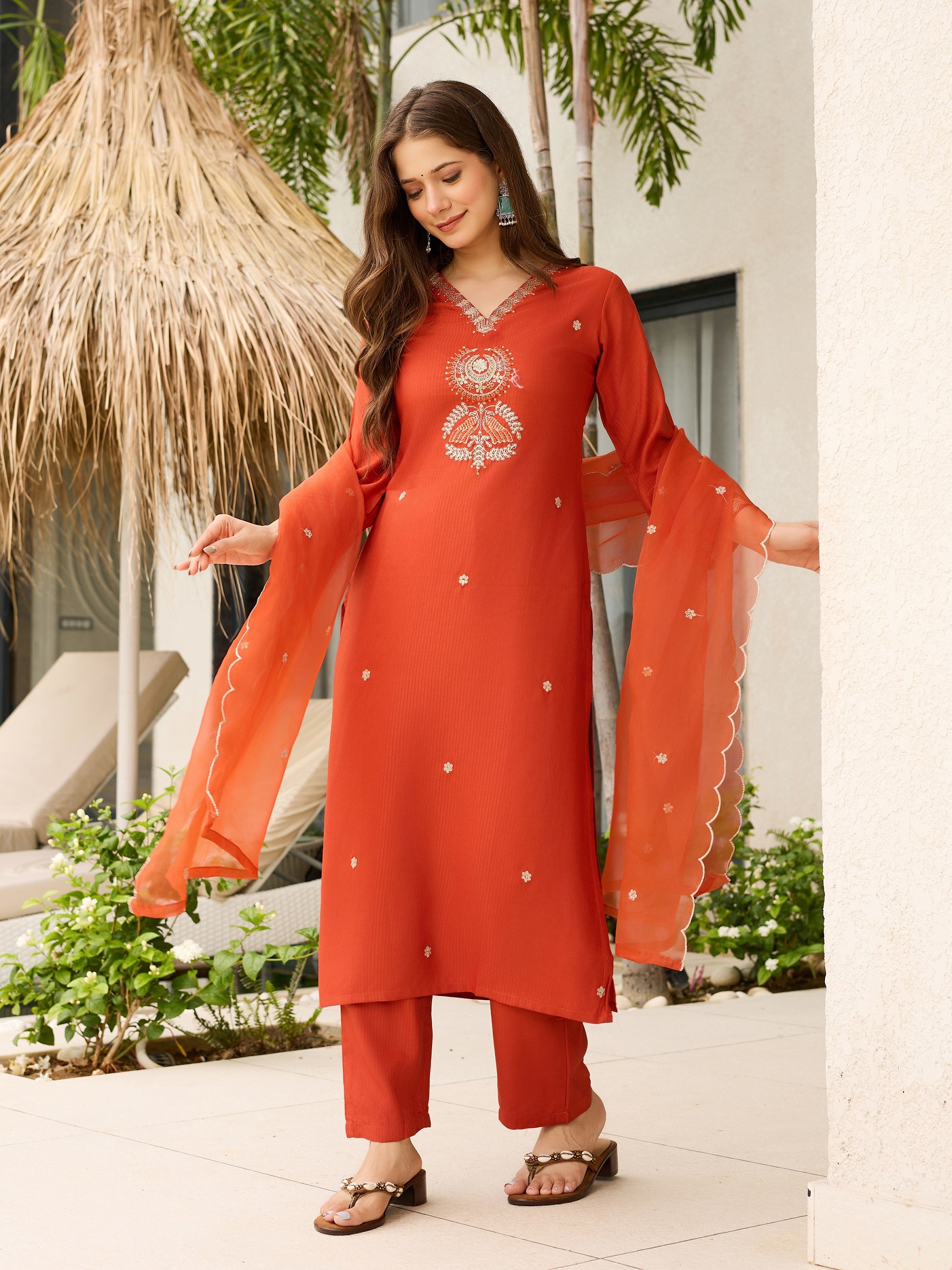 Rust Orange Solid Straight Salwar Suit Set