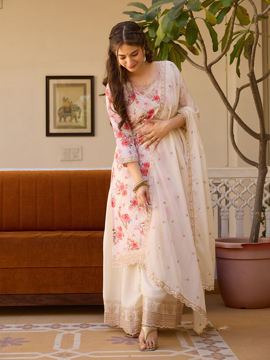 Off-White Floral Print Kurta Sharara Set