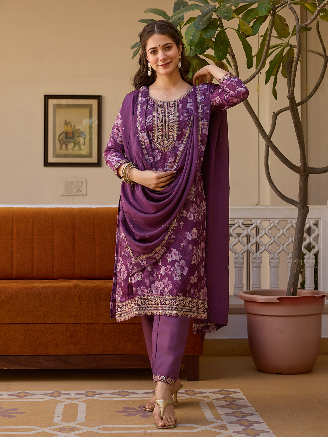 Purple Floral Printed Suit Sets