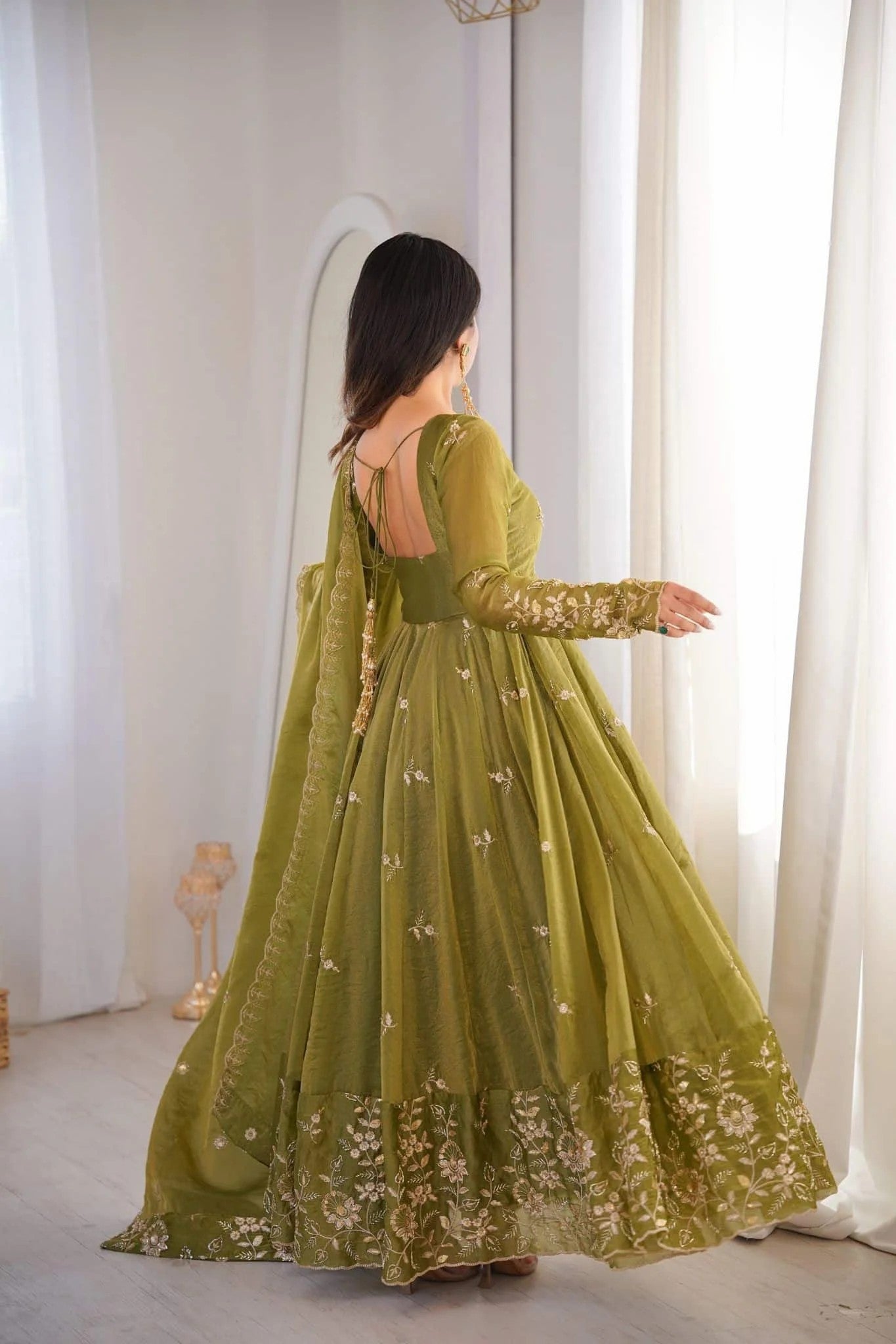 Olive Green Crunchy Silk Anarkali Suit Set