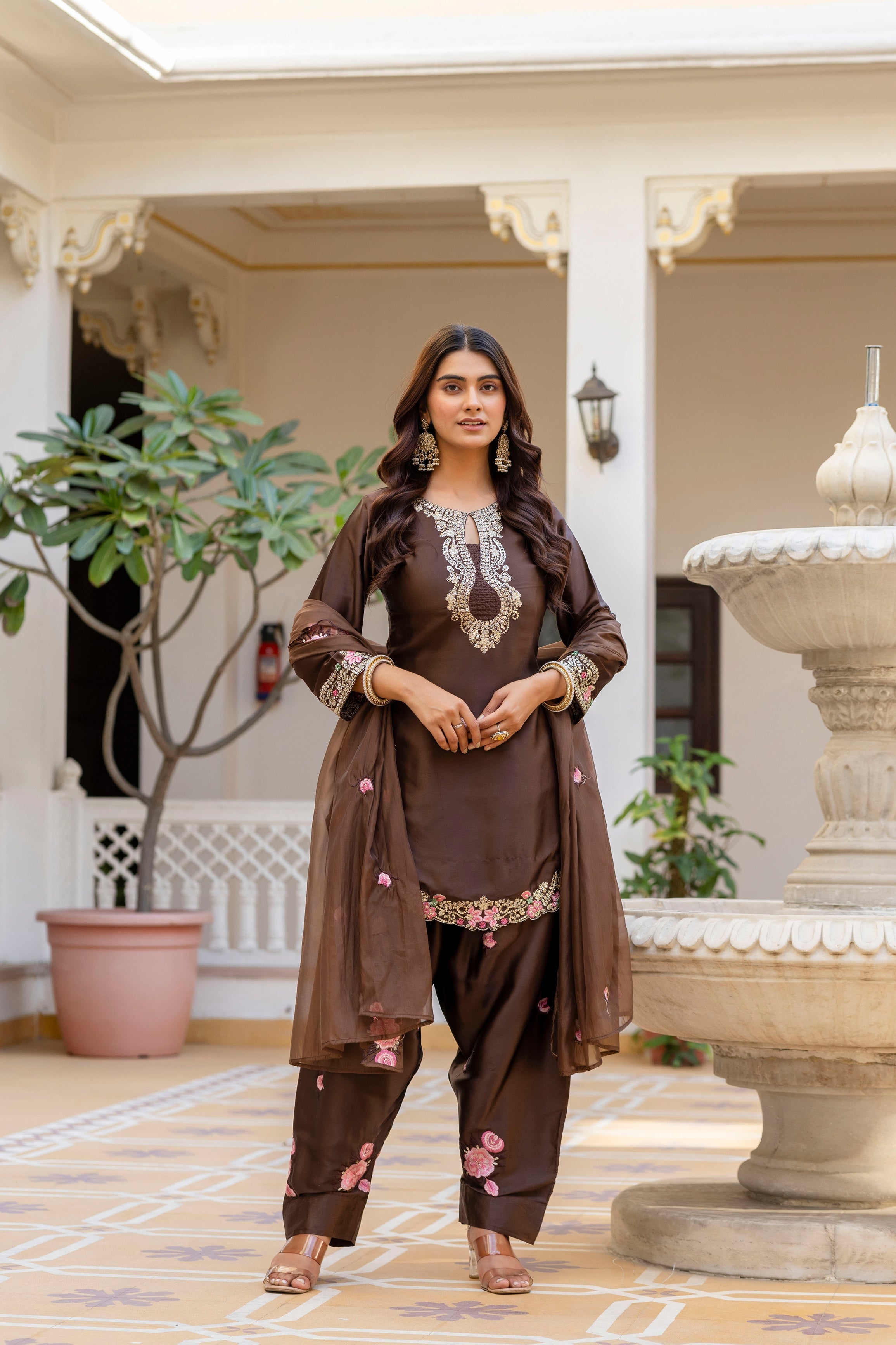Coffee Embroidered Designer Suit Set