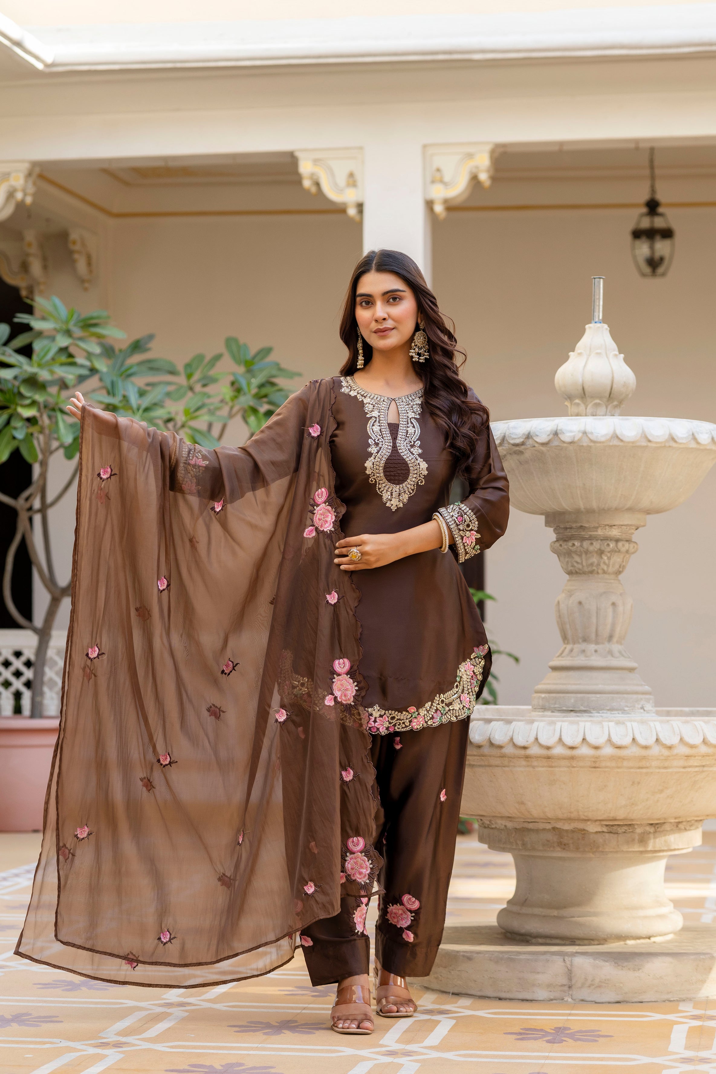 Coffee Satin Embroidered Kurta Set