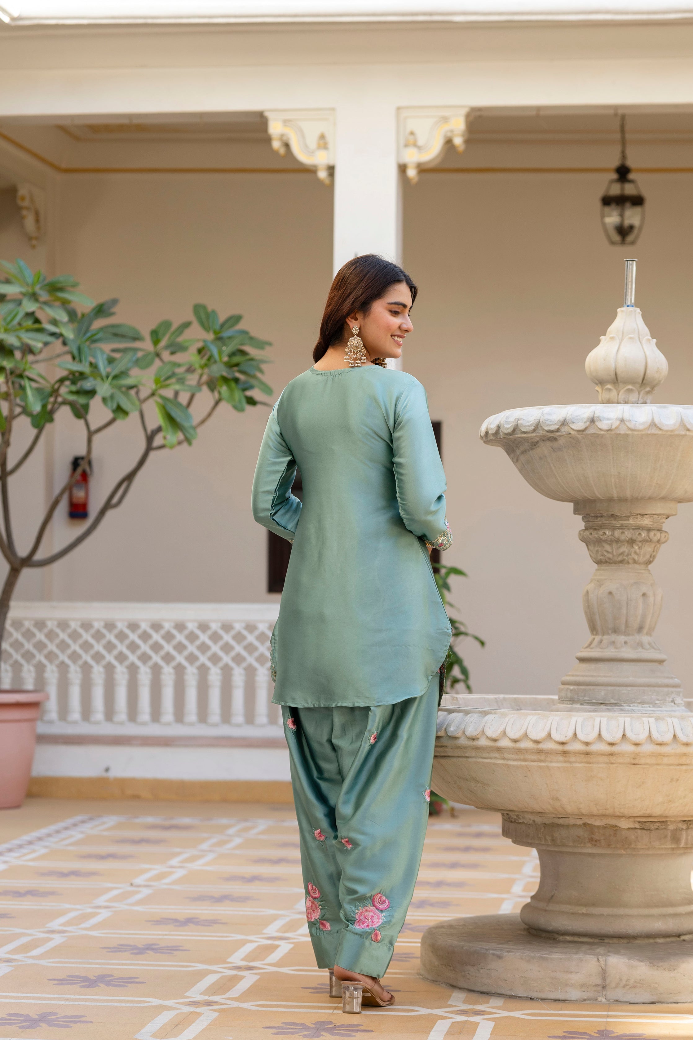 Pista Satin Embroidered Kurta Set