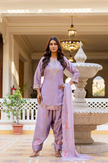 Purple Satin Embroidered Kurta Set
