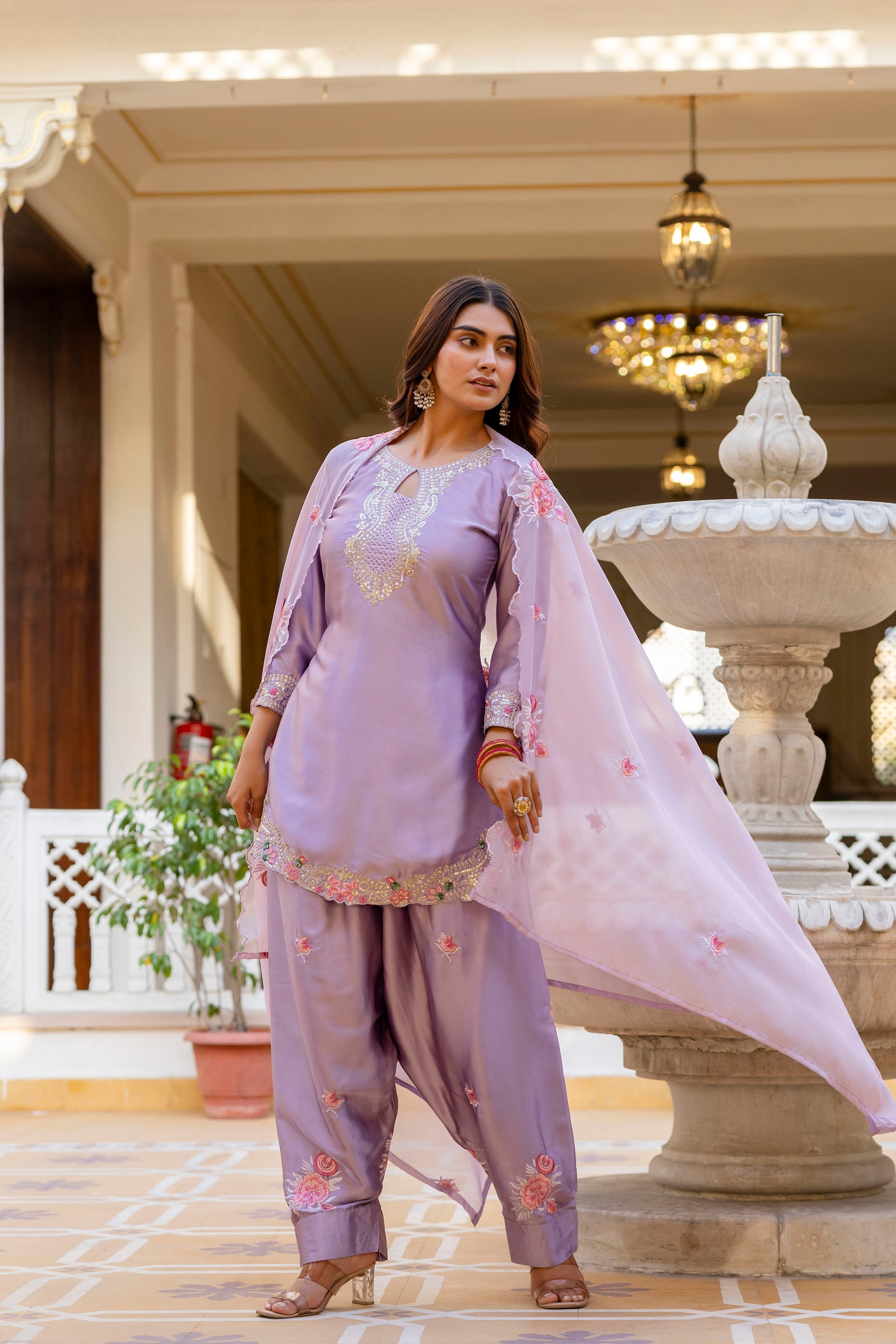 Purple Satin Embroidered Kurta Set