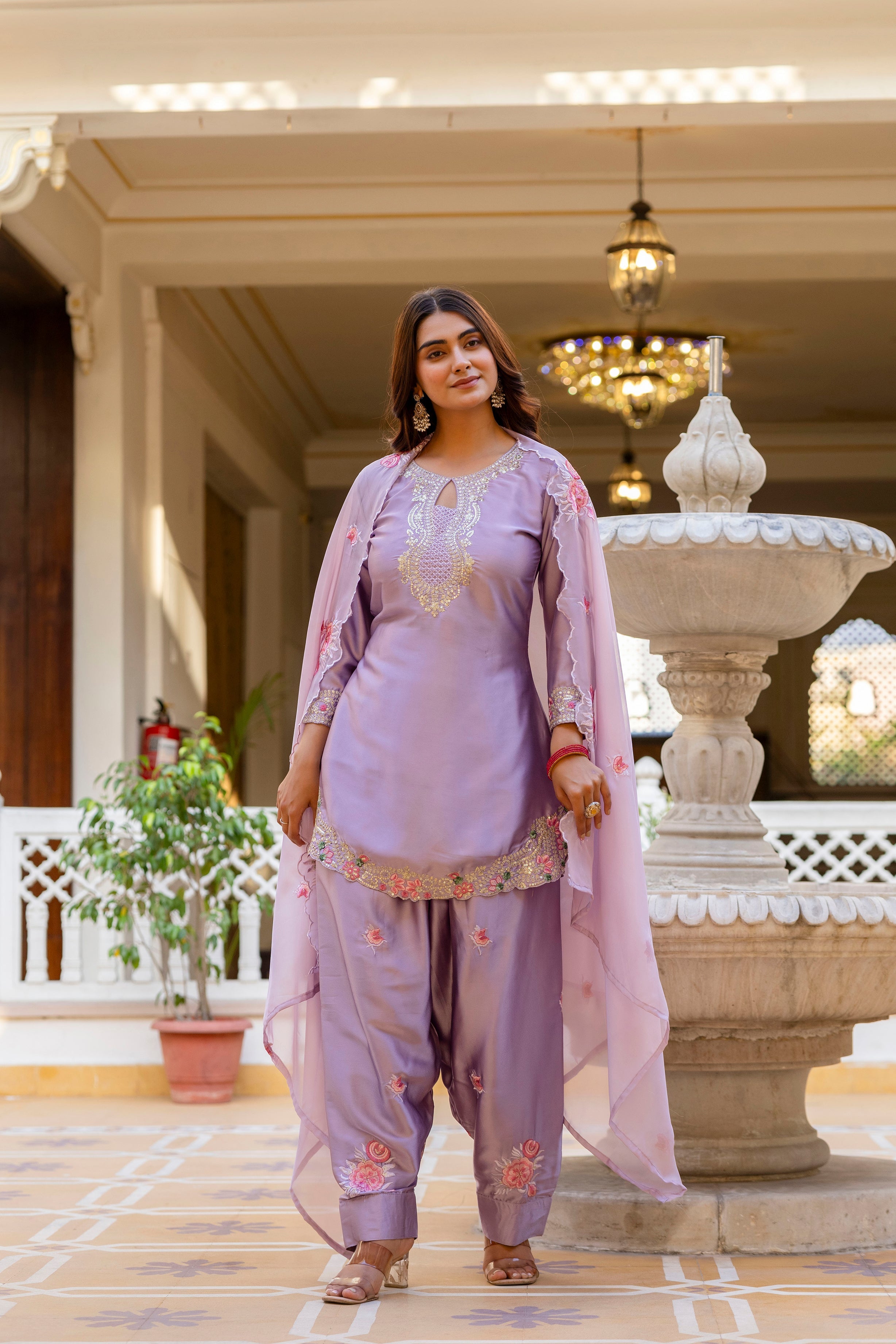 Purple Satin Embroidered Kurta Set
