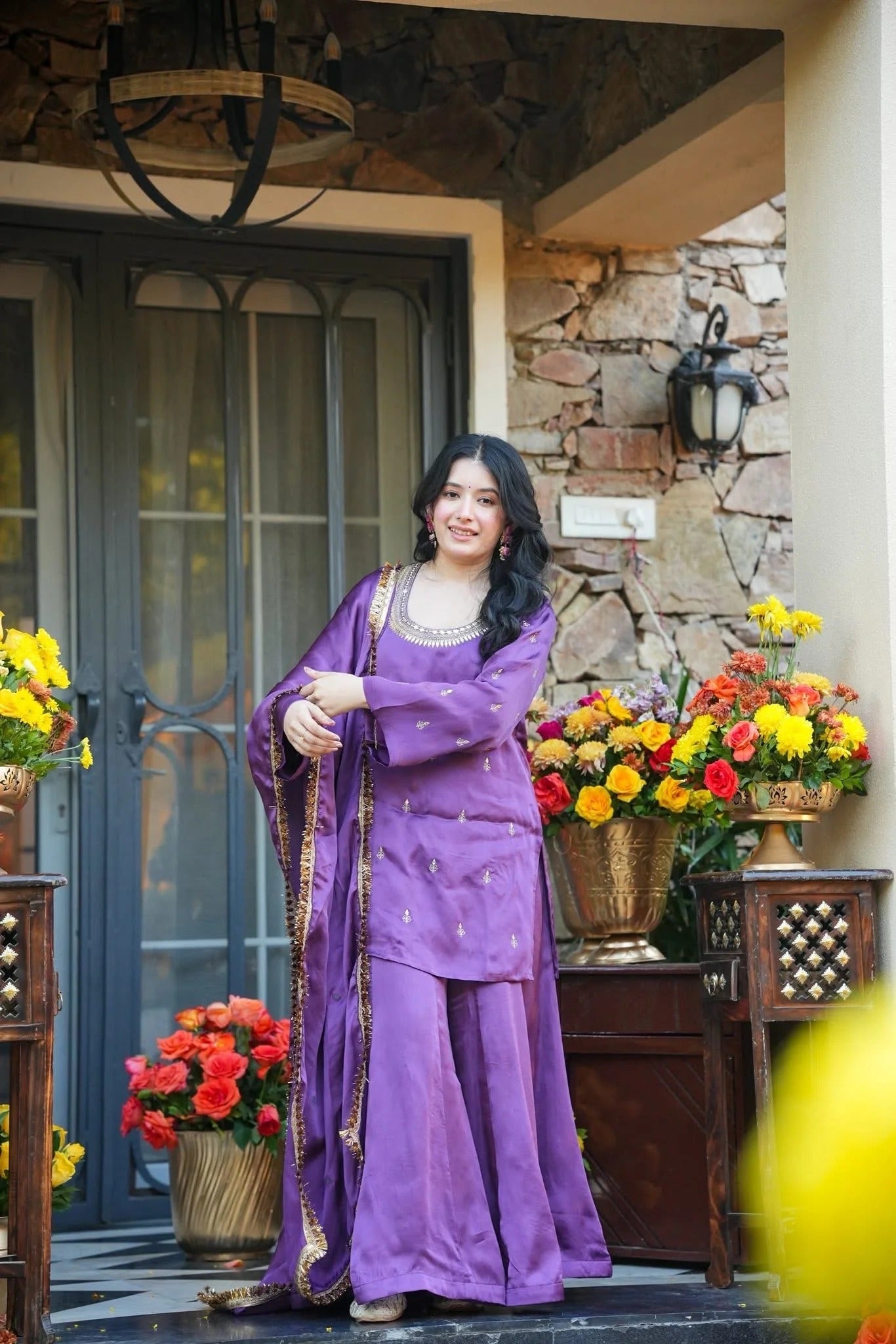 Lavender Silk Crepe Embroidered Palazzo Set
