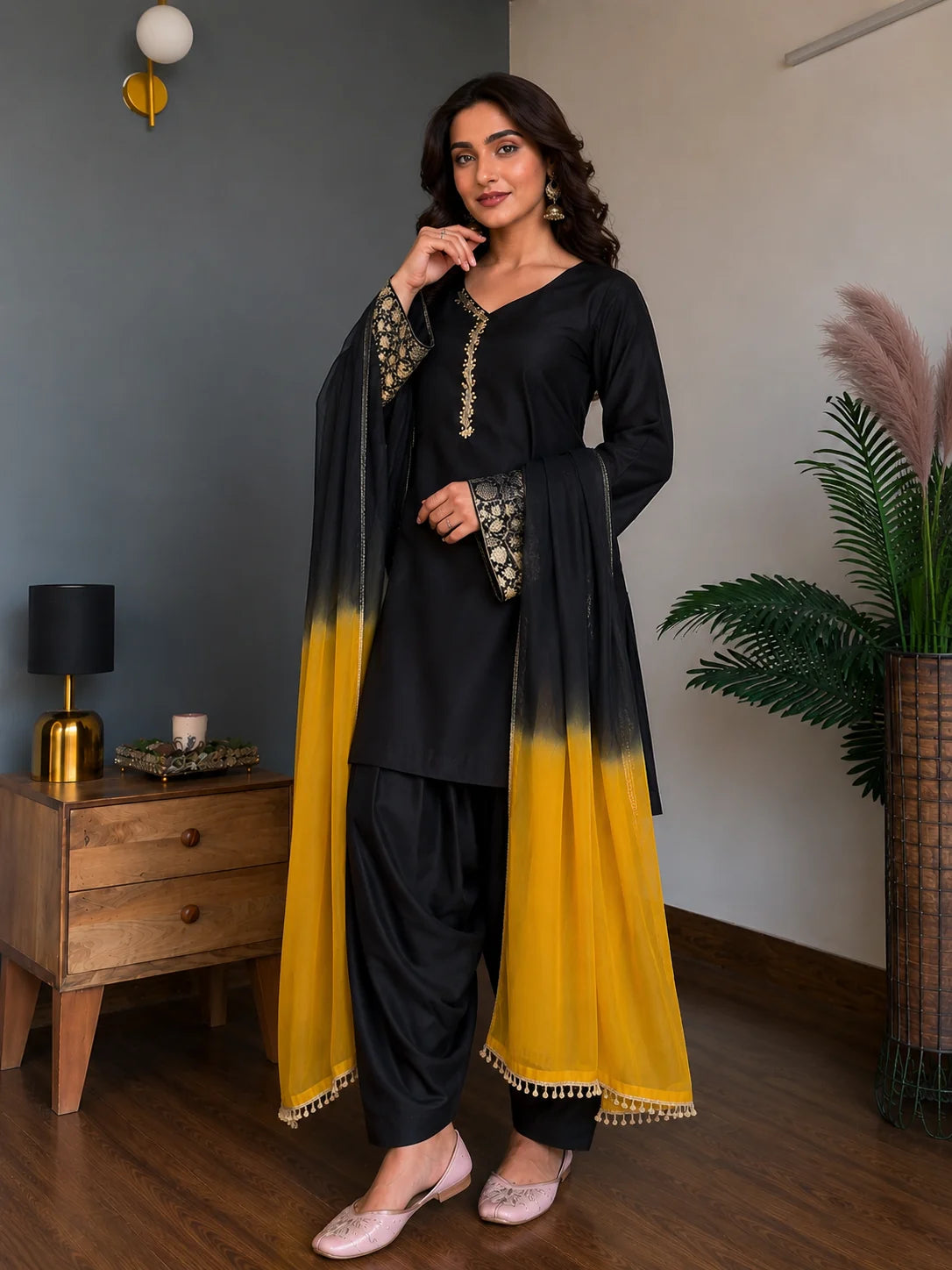 Black Jacquard Work Embroidered Kurta Pant Set
