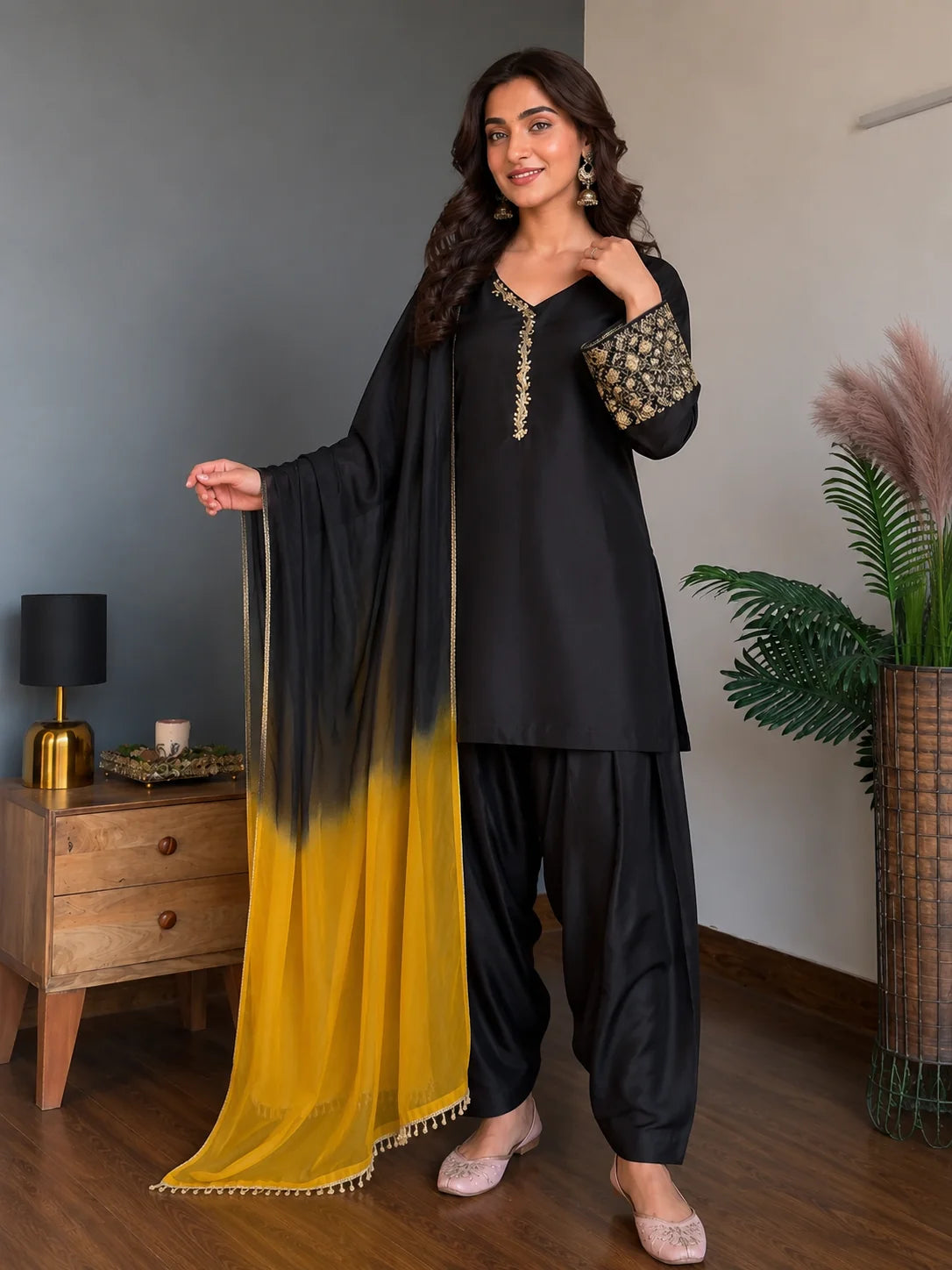 Black Jacquard Work Embroidered Kurta Pant Set
