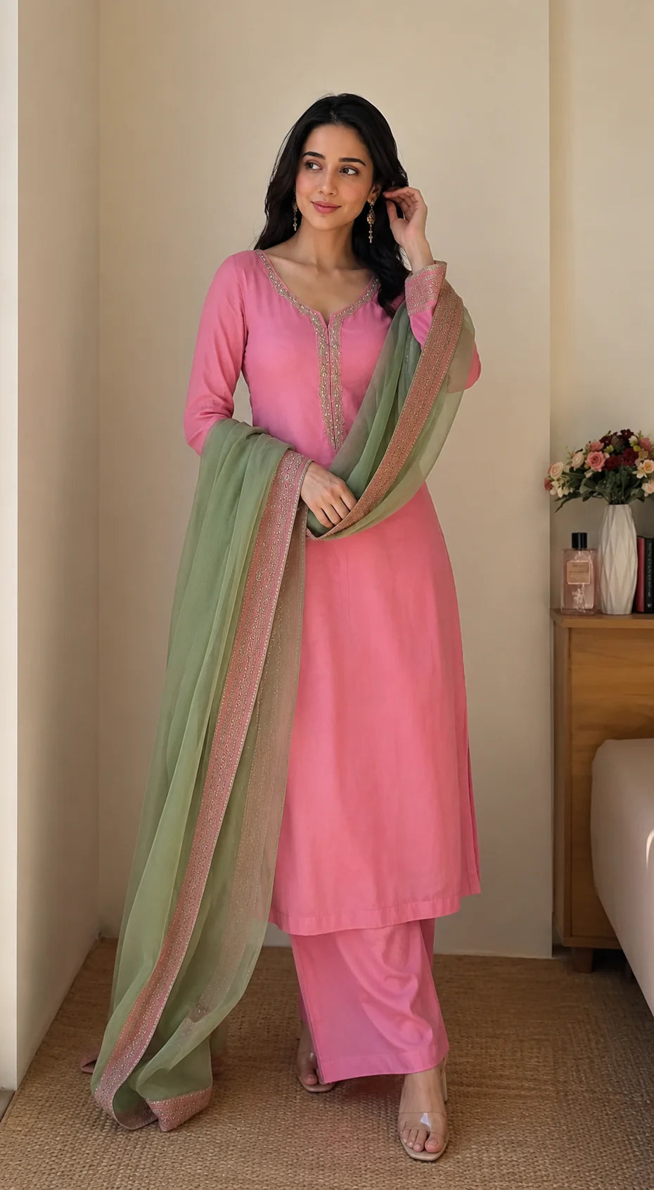 Blush Pink Jacquard Work Embroidered Kurta Pant Set