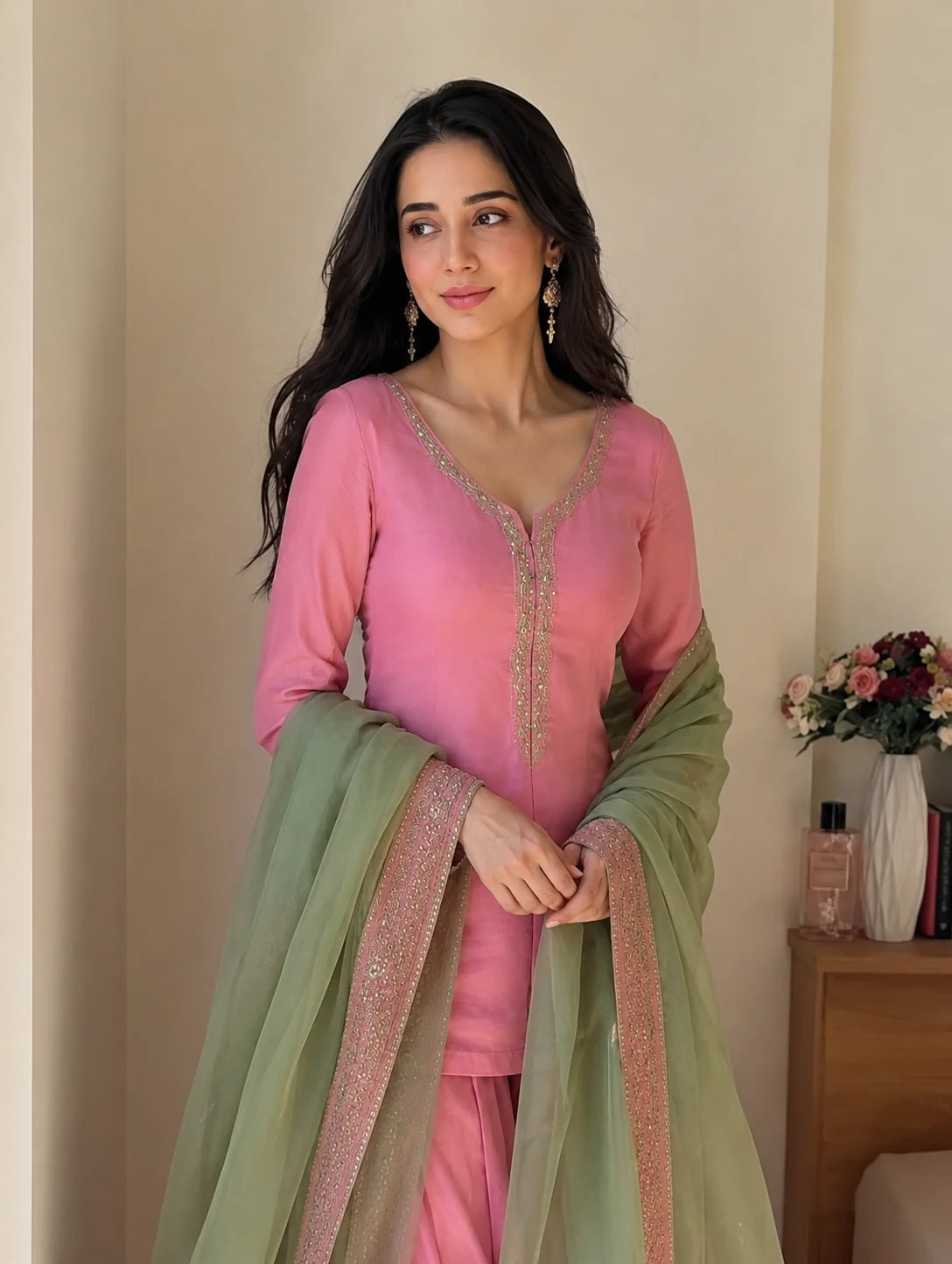 Blush Pink Jacquard Work Embroidered Kurta Pant Set