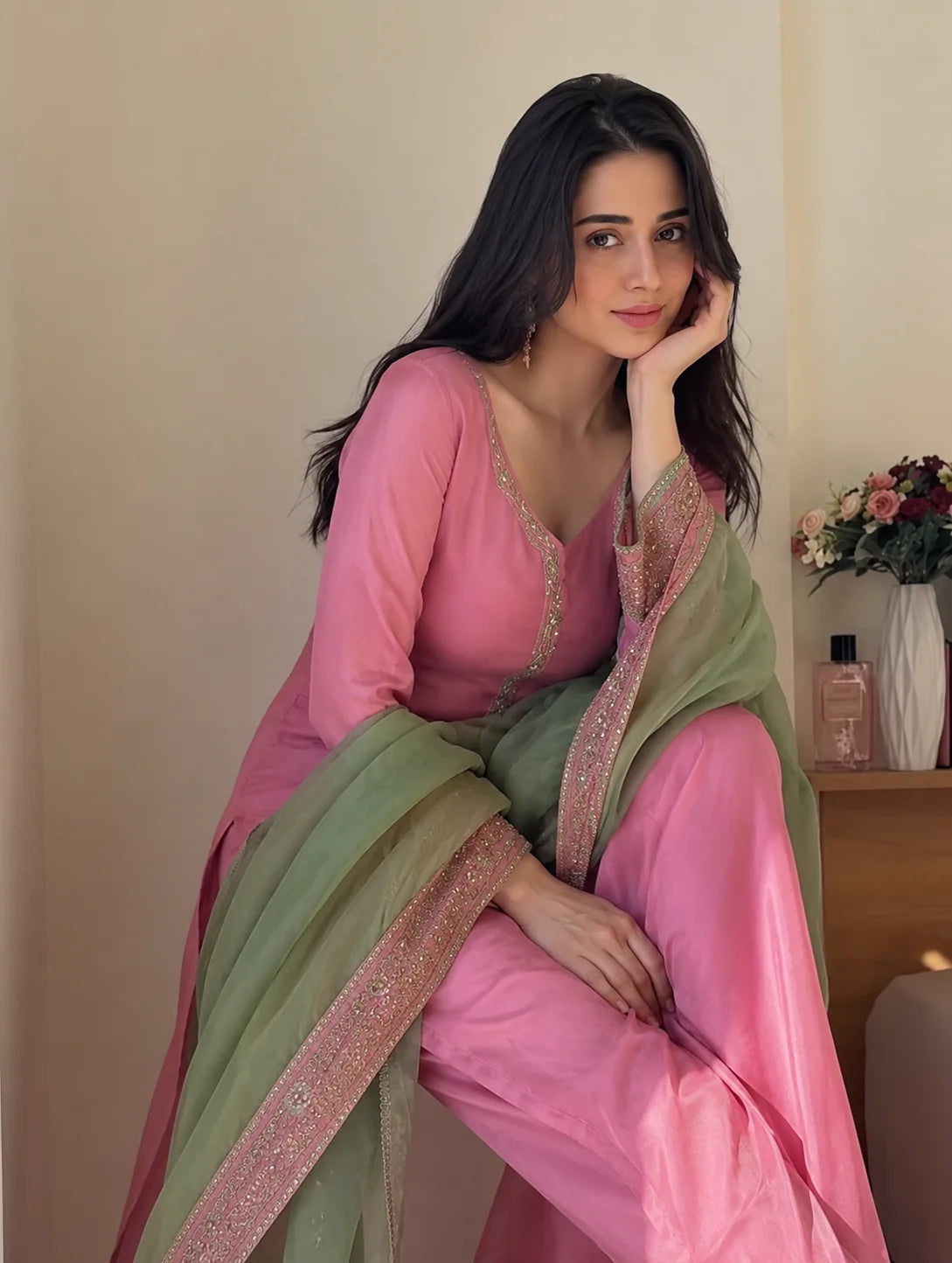 Blush Pink Jacquard Work Embroidered Kurta Pant Set