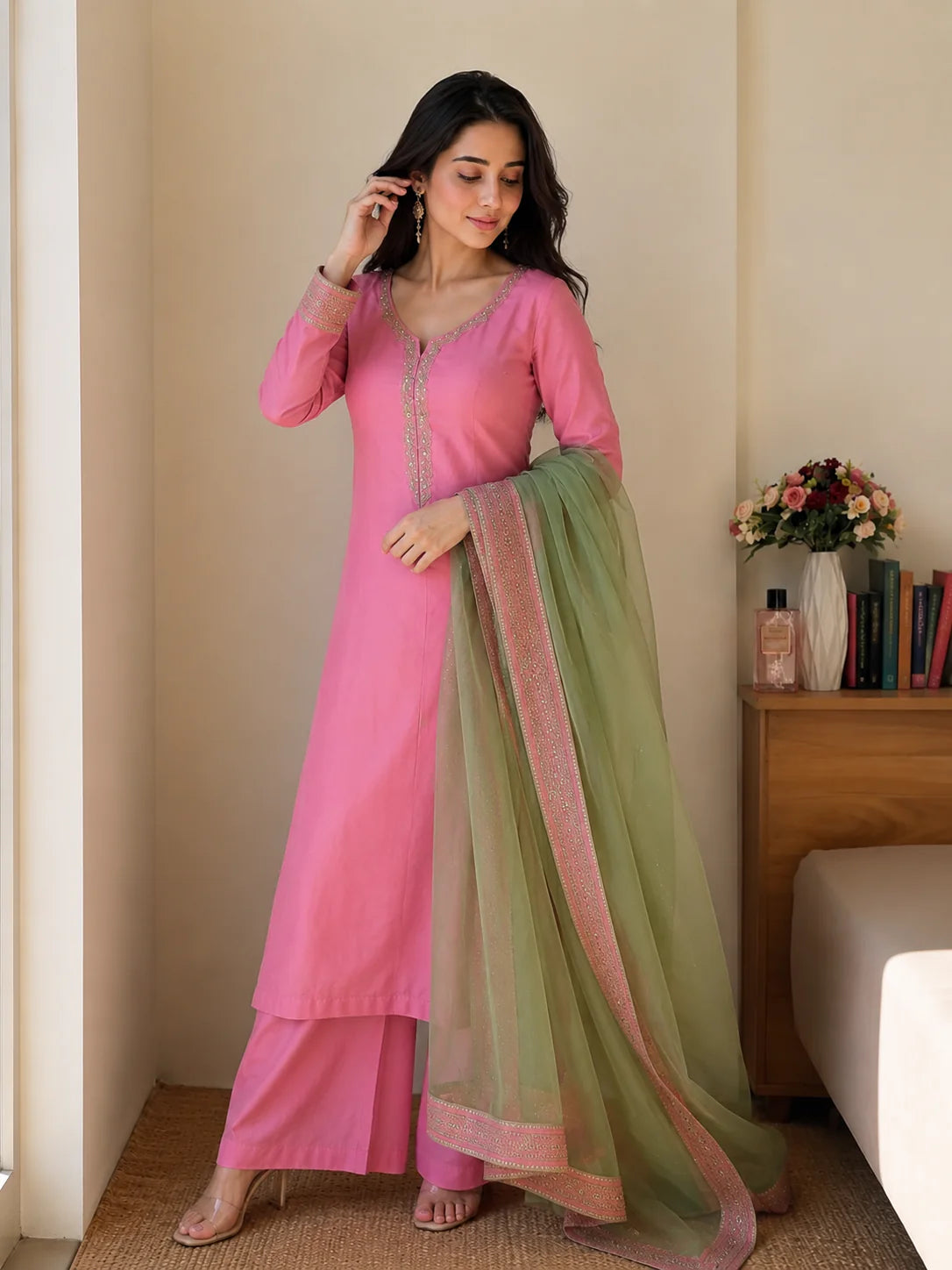 Blush Pink Jacquard Work Embroidered Kurta Pant Set