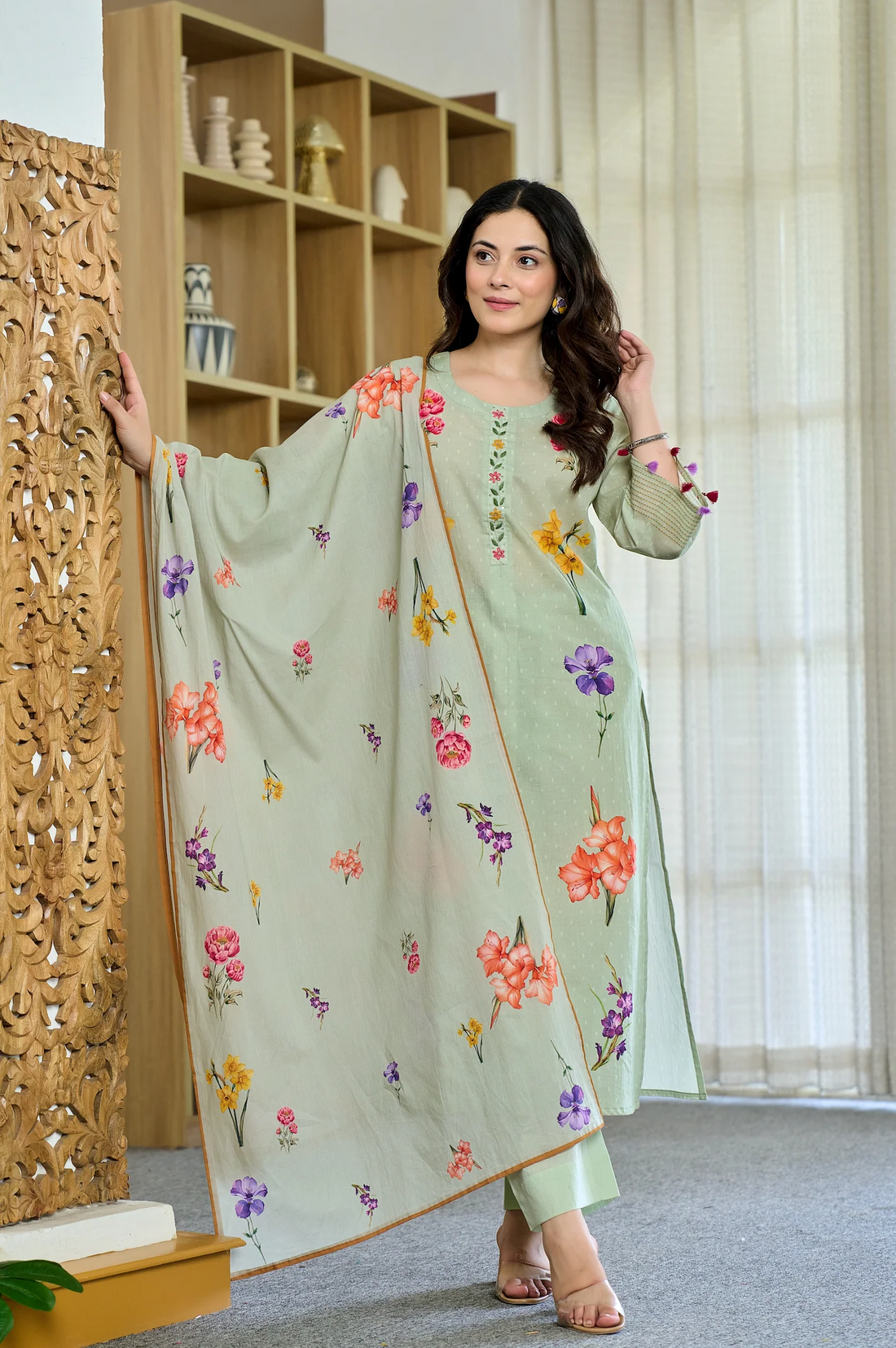 Pista Chanderi Butti Printed Kurti Set