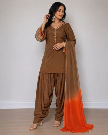 Brown Jacquard Work Embroidered Kurta Pant Set