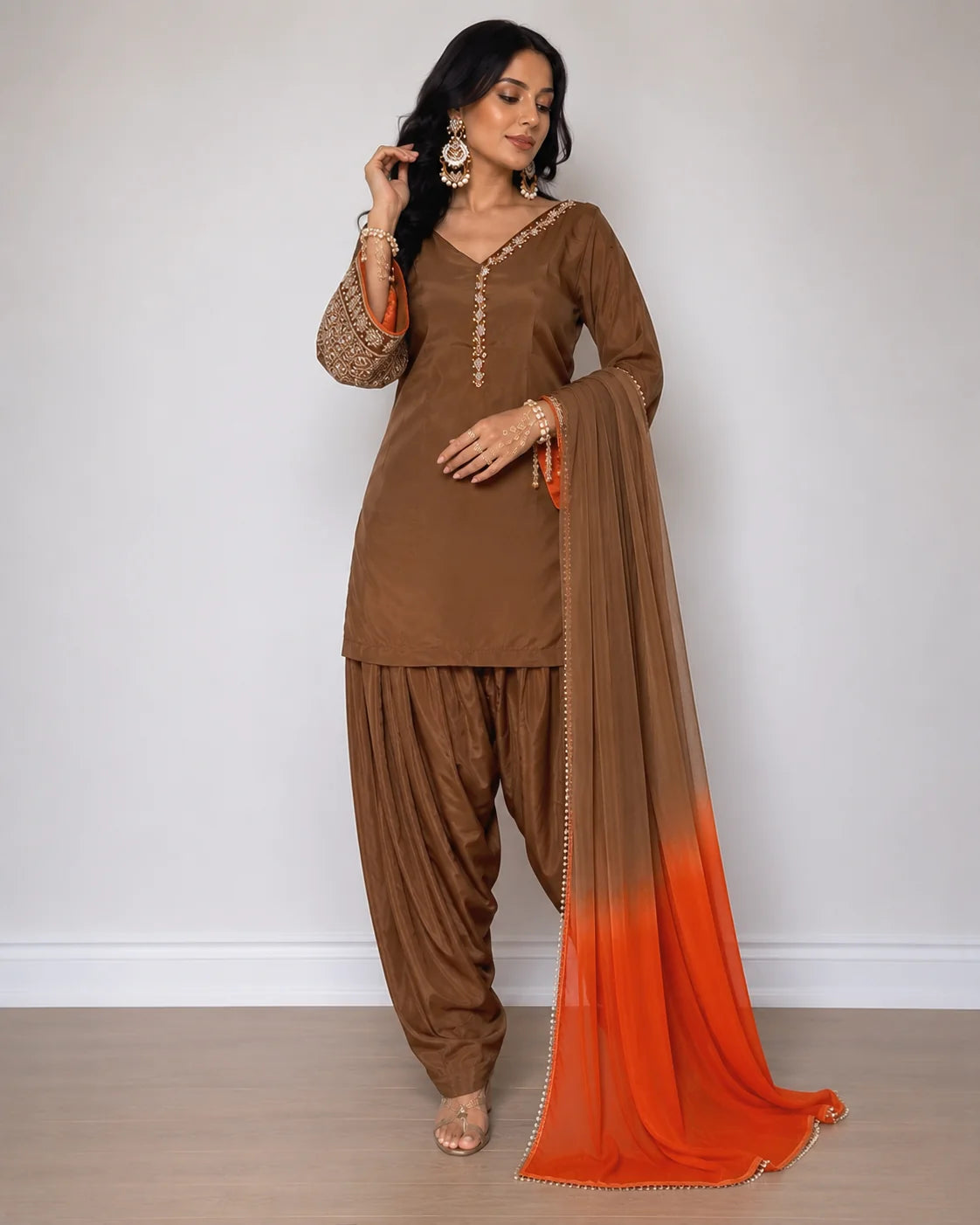 Brown Jacquard Work Embroidered Kurta Pant Set