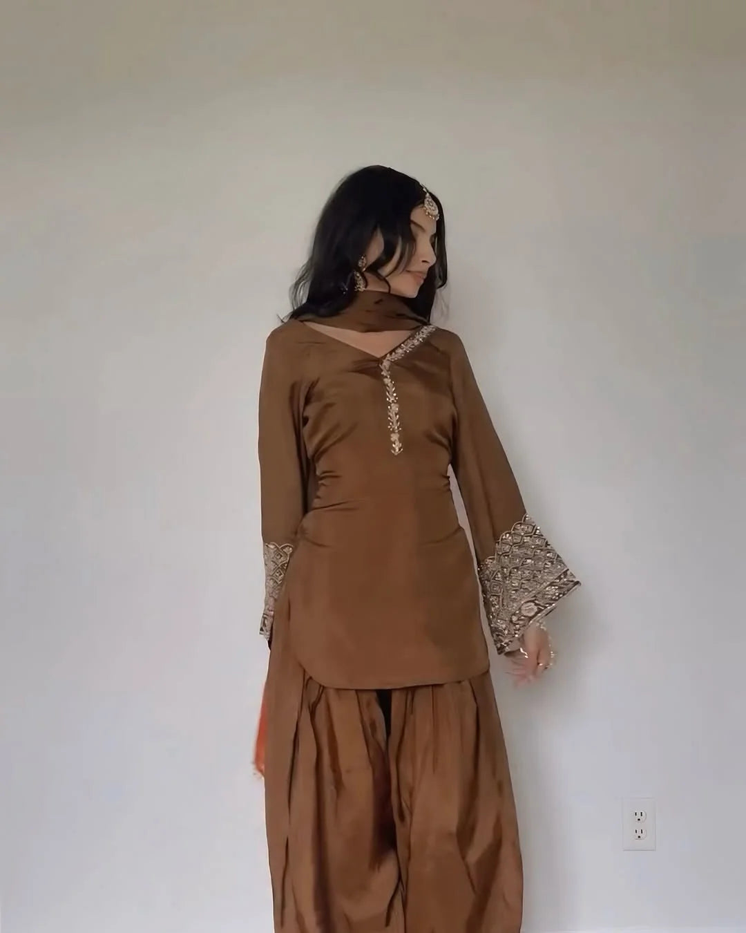 Brown Jacquard Work Embroidered Kurta Pant Set