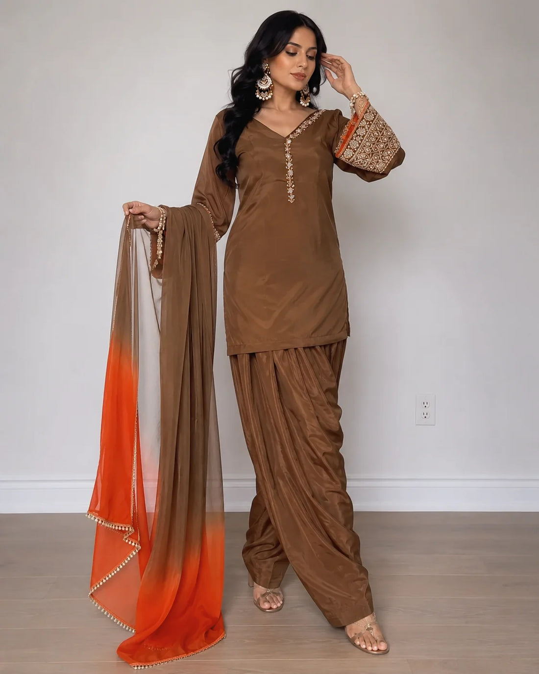 Brown Jacquard Work Embroidered Kurta Pant Set