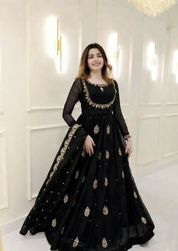 Black Georgette Embroidered Anarkali Set