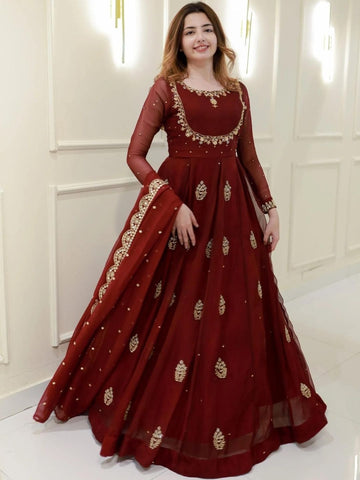Maroon Georgette Embroidered Anarkali Set