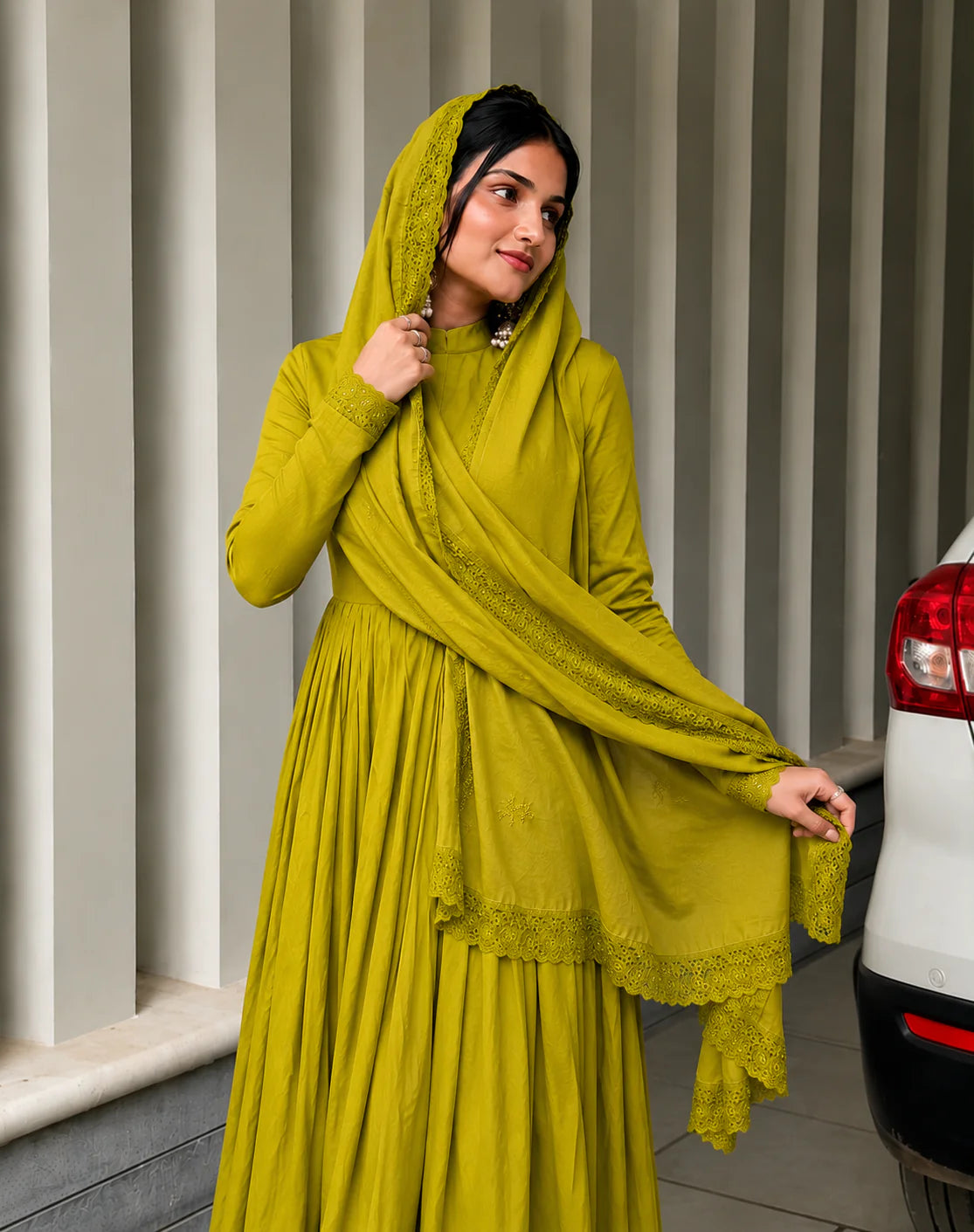 Premium Olive Mustard Green Anarkali Suit Set