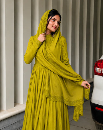 Premium Olive Mustard Green Anarkali Suit Set