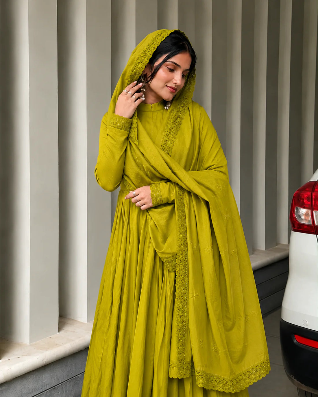 Premium Olive Mustard Green Anarkali Suit Set