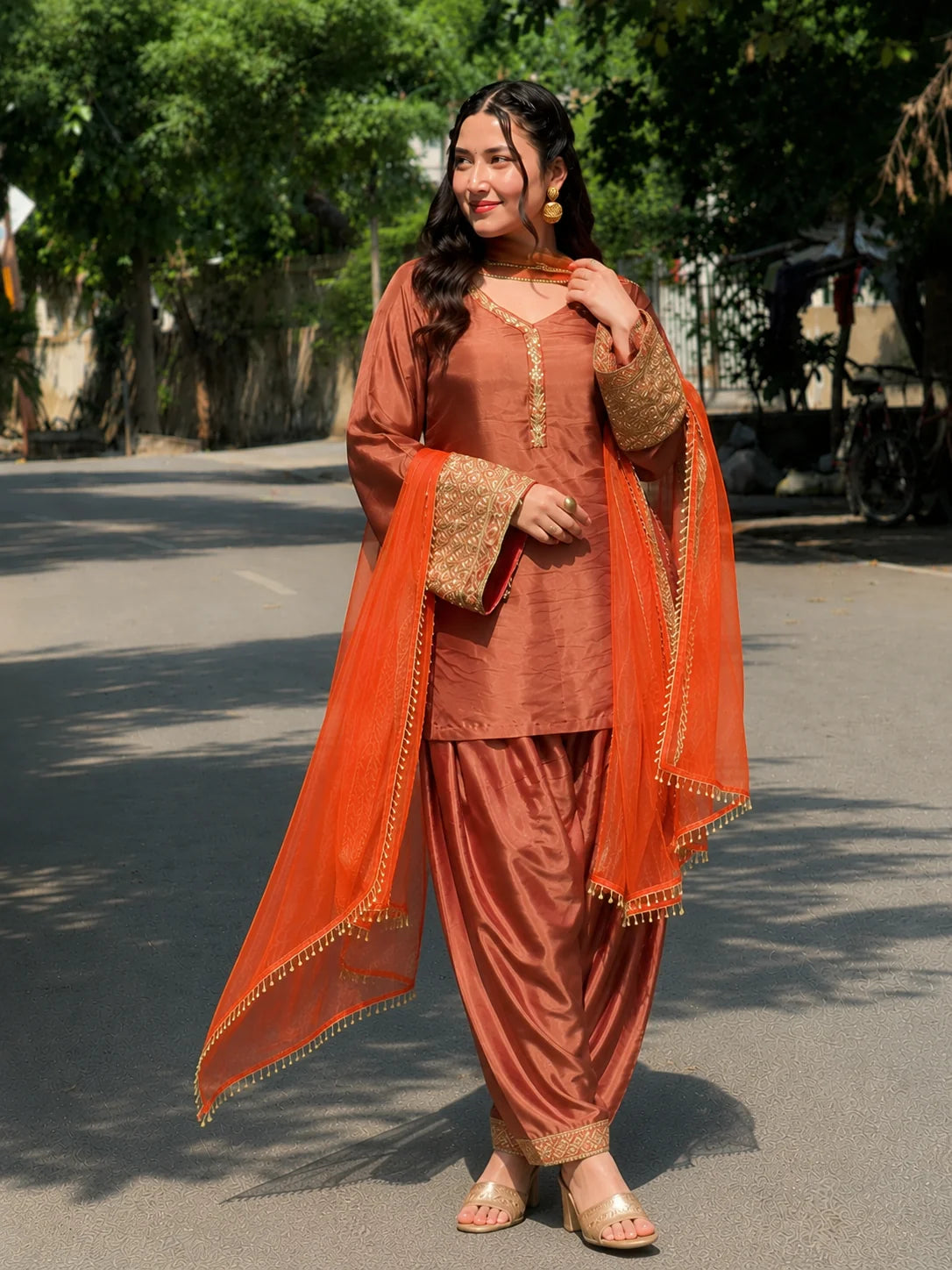 Copper Brown Jacquard Work Embroidered Kurta Pant Set