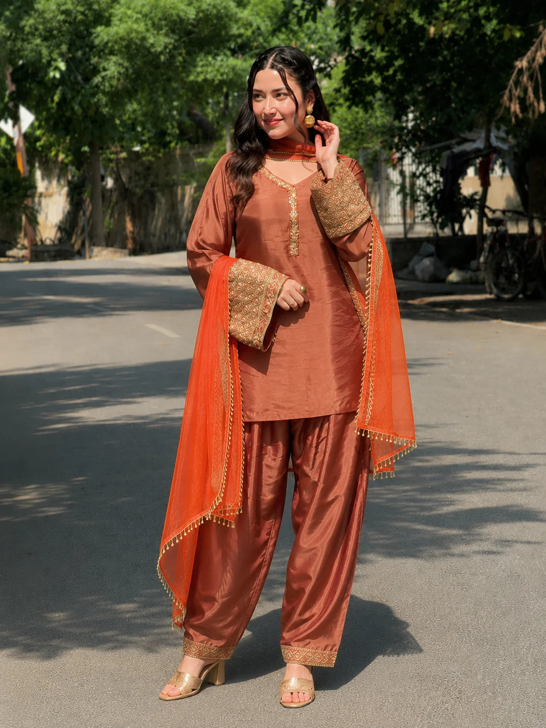 Copper Brown Jacquard Work Embroidered Kurta Pant Set