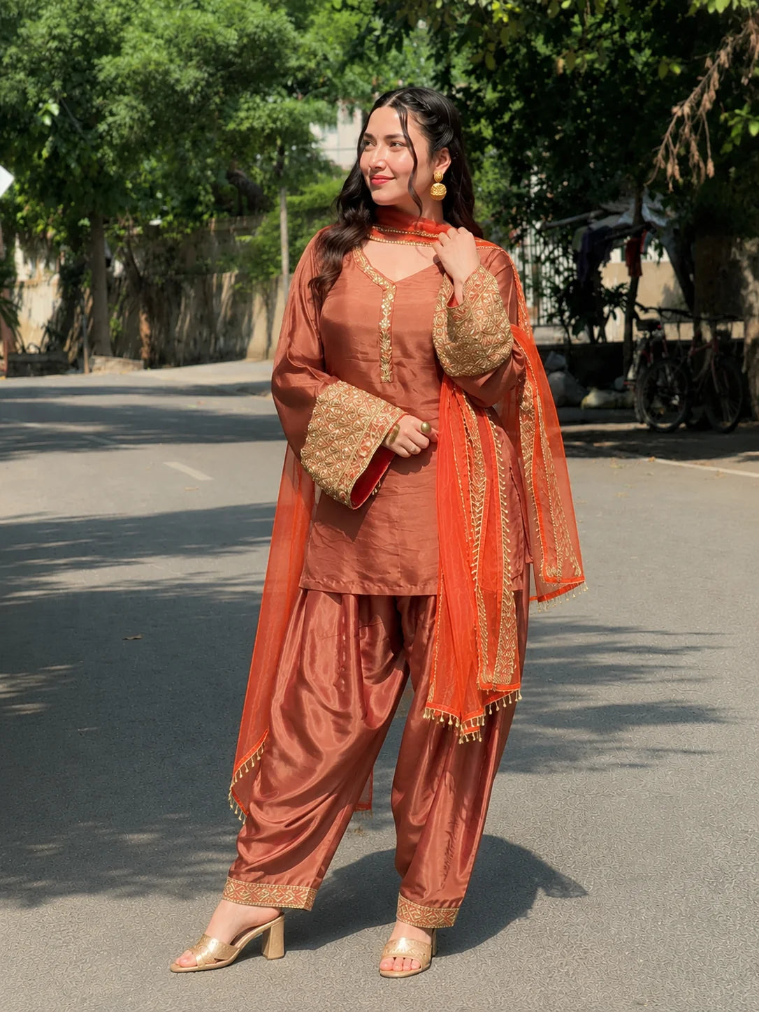 Copper Brown Jacquard Work Embroidered Kurta Pant Set