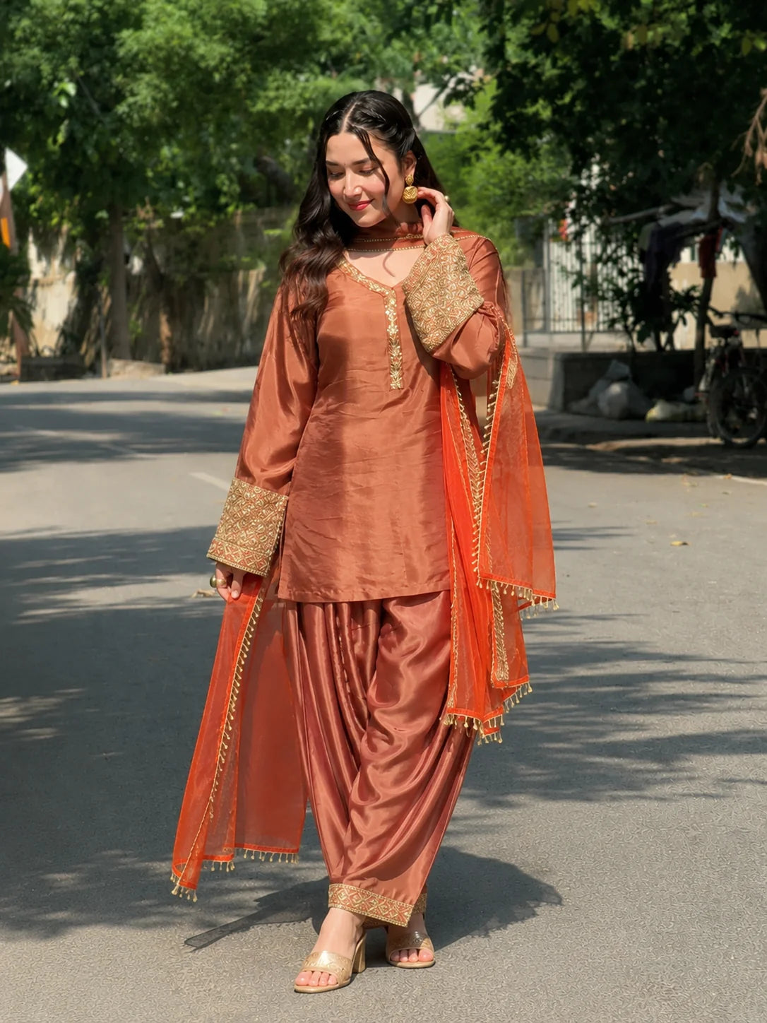 Copper Brown Jacquard Work Embroidered Kurta Pant Set
