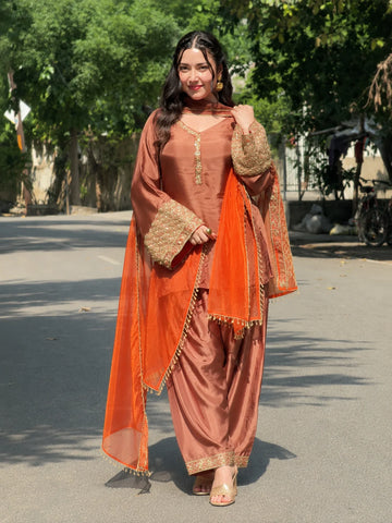 Copper Brown Jacquard Work Embroidered Kurta Pant Set